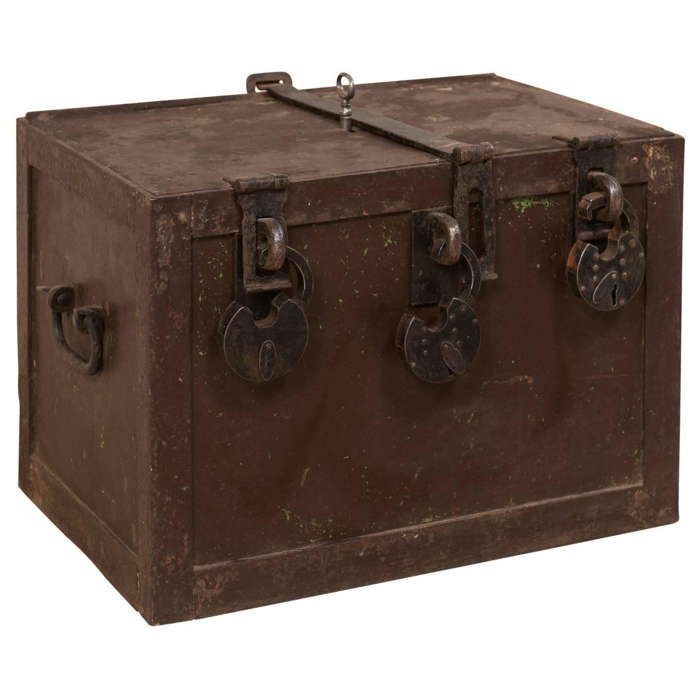 19th Century Swedish Mid-Sized Iron Trunk Safe with Locks and Key
