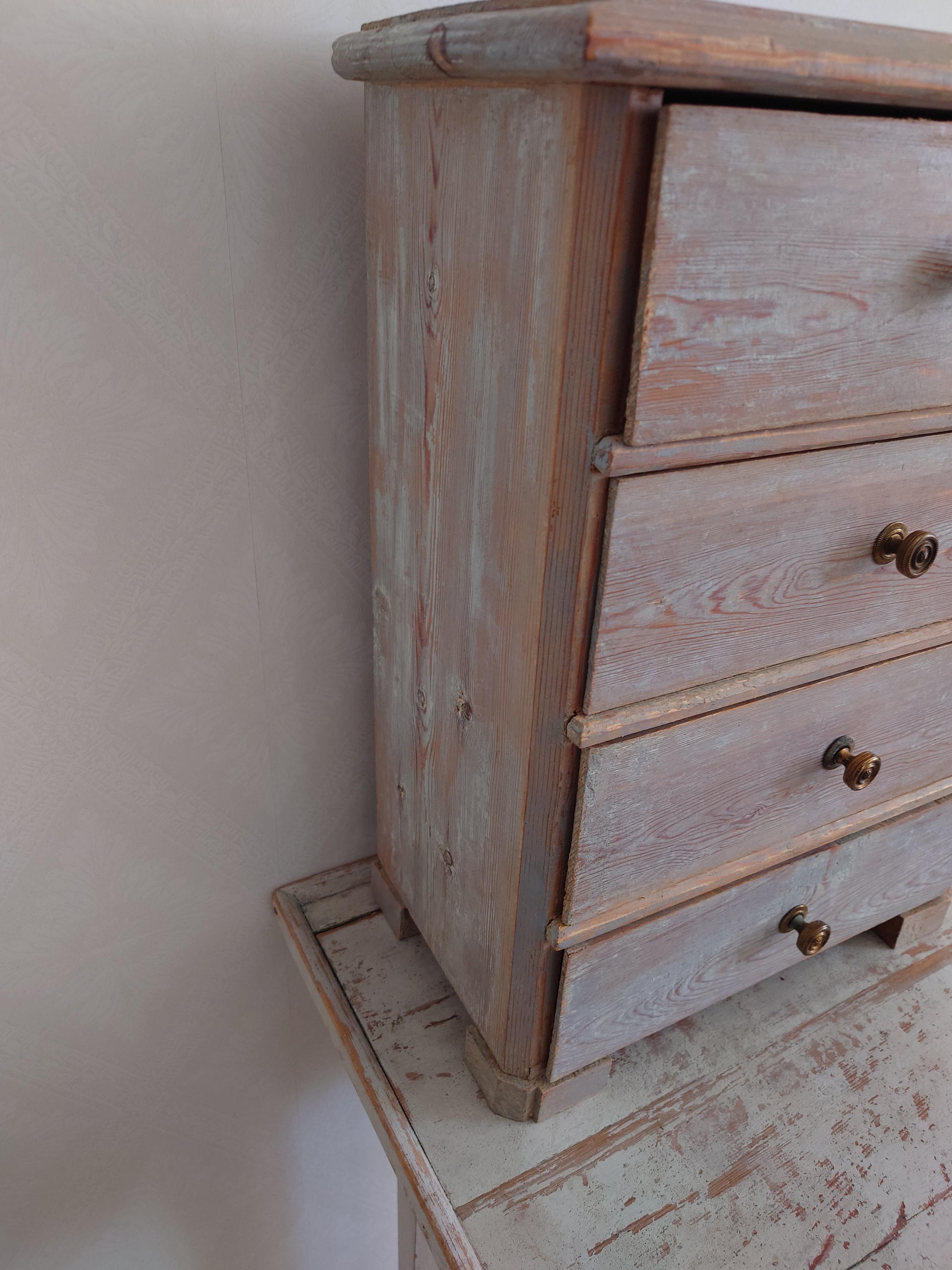 Hand-Carved 19th Century Swedish Miniature  Chest of Drawers with original paint Country  For Sale