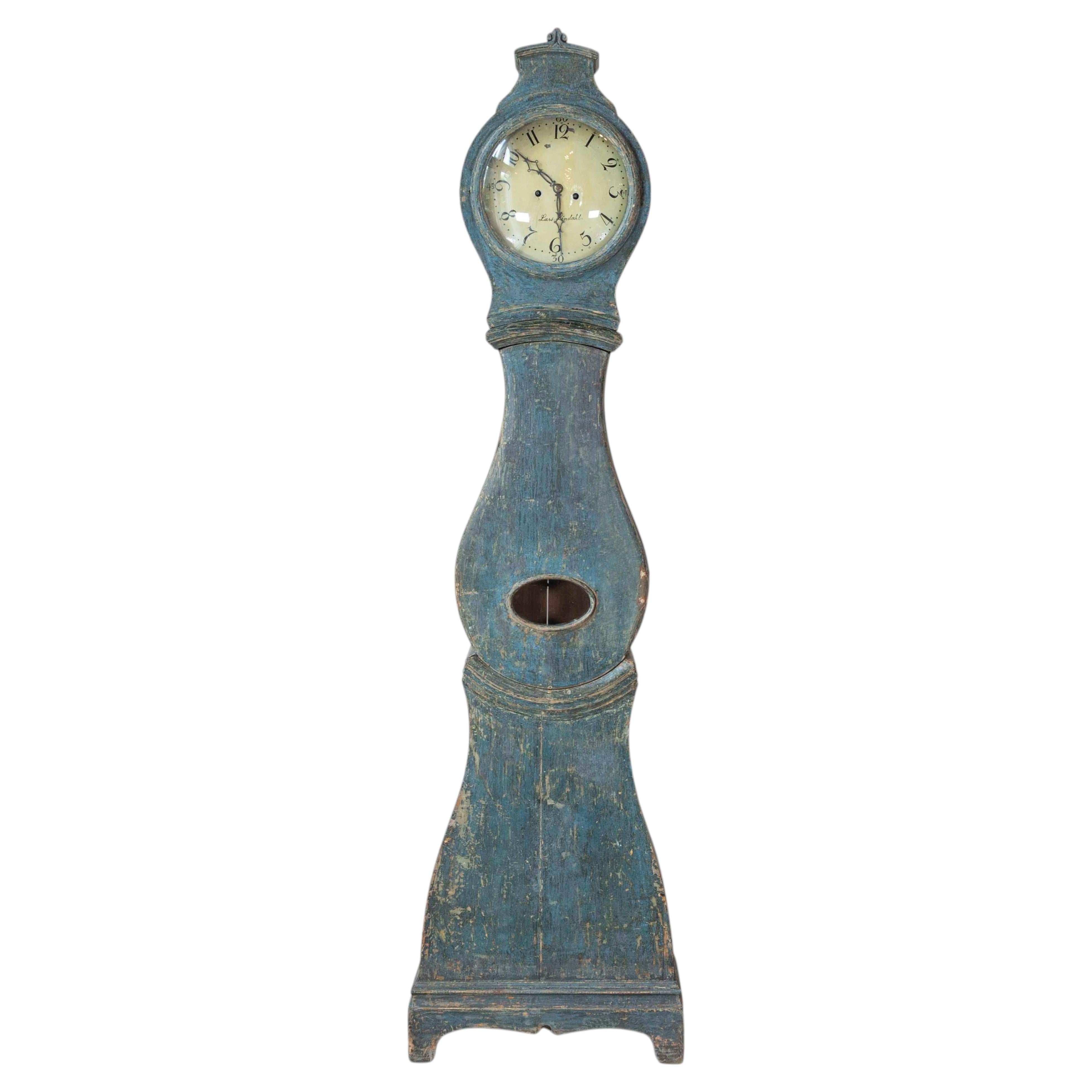 19th Century Swedish Mora Clock in Original Blue Paint For Sale