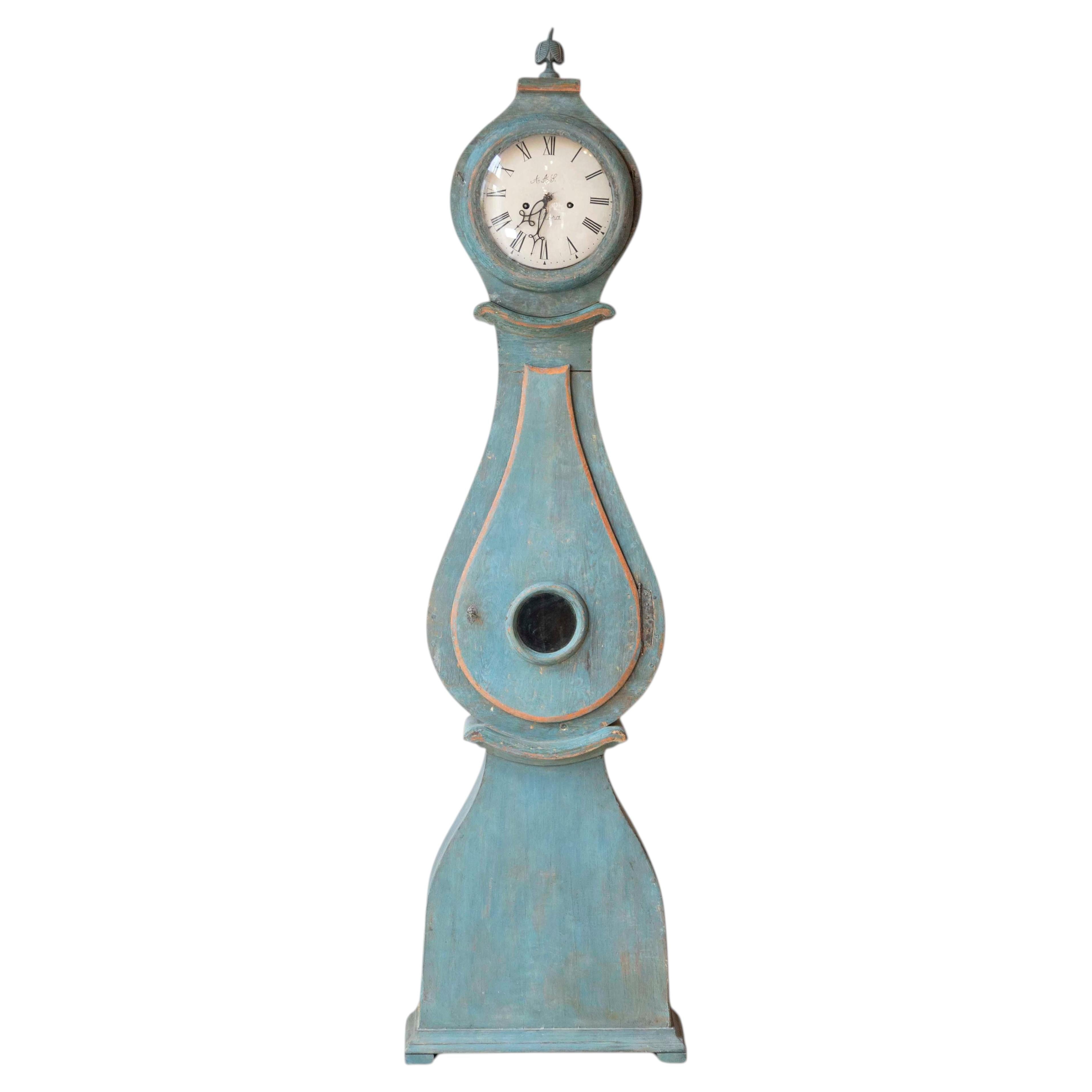 19th Century Swedish Mora Clock in Original Turquoise Paint