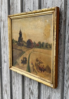 Pintura al óleo enmarcada del paisaje naif sueco del siglo XIX, firmada en 1871