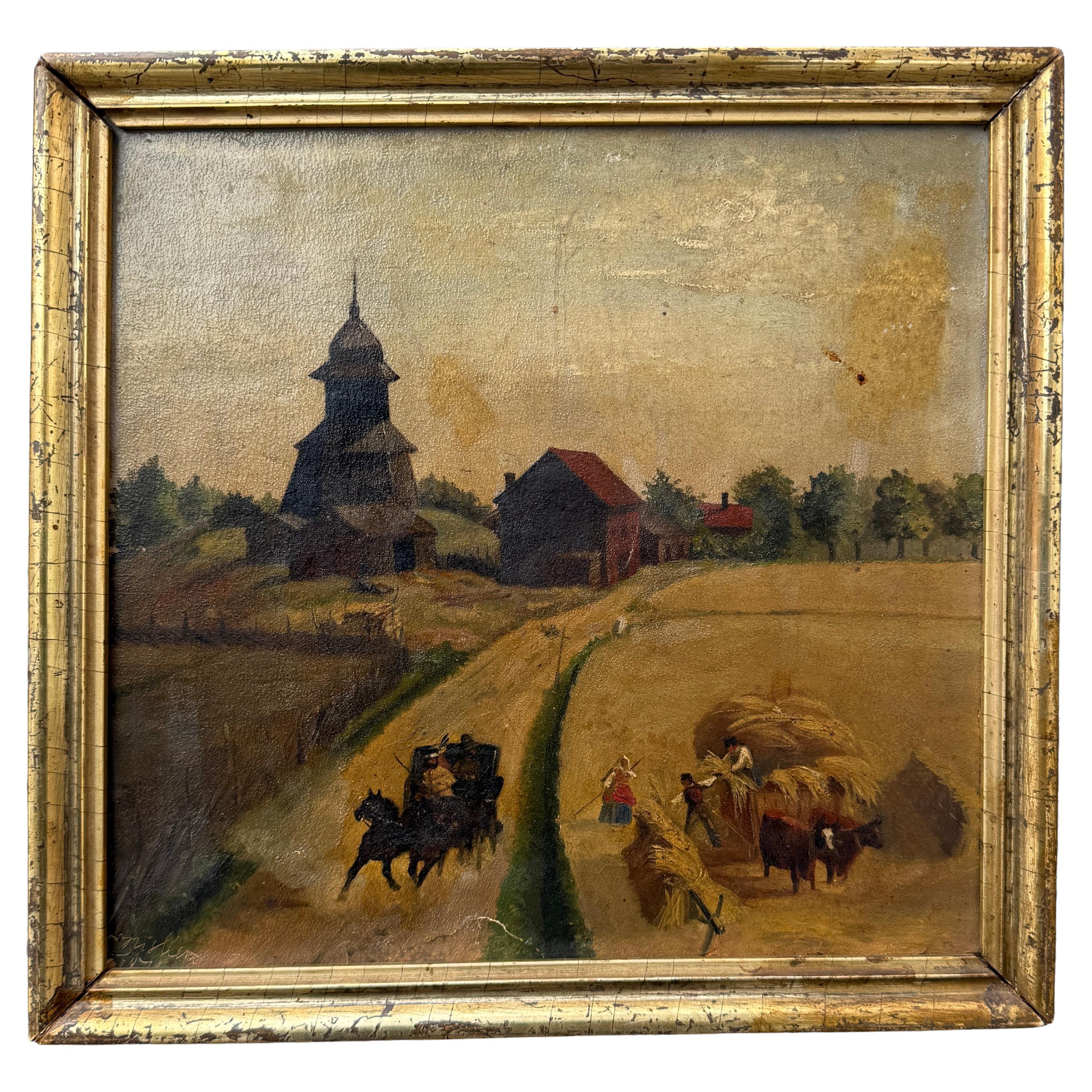 19th Century Swedish Naif Landscape Framed Oil Painting, Signed 1871