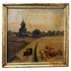 Pintura al óleo enmarcada del paisaje naif sueco del siglo XIX, firmada en 1871