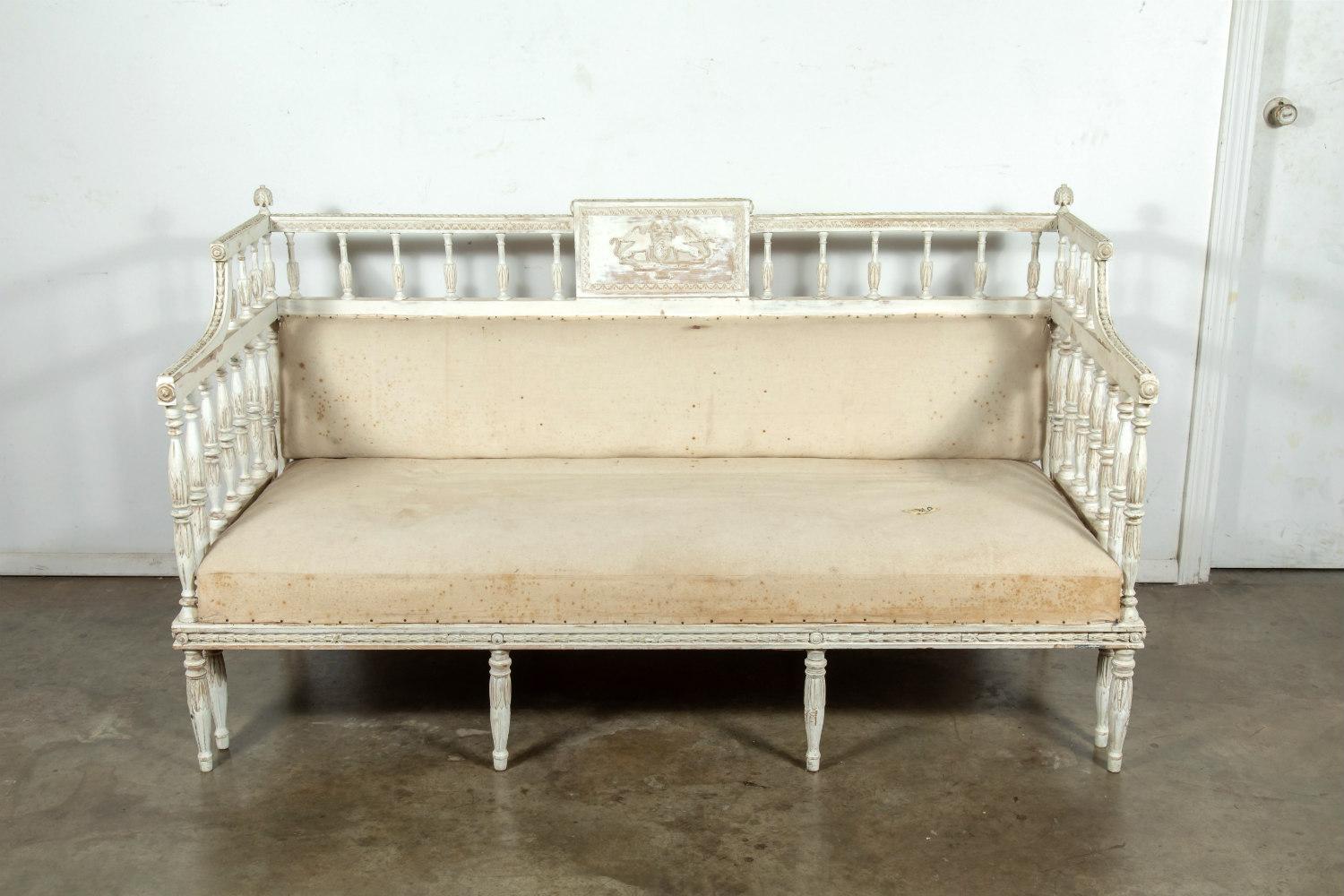 19th Century Swedish Neoclassical Carved and Painted Sofa Bench 1
