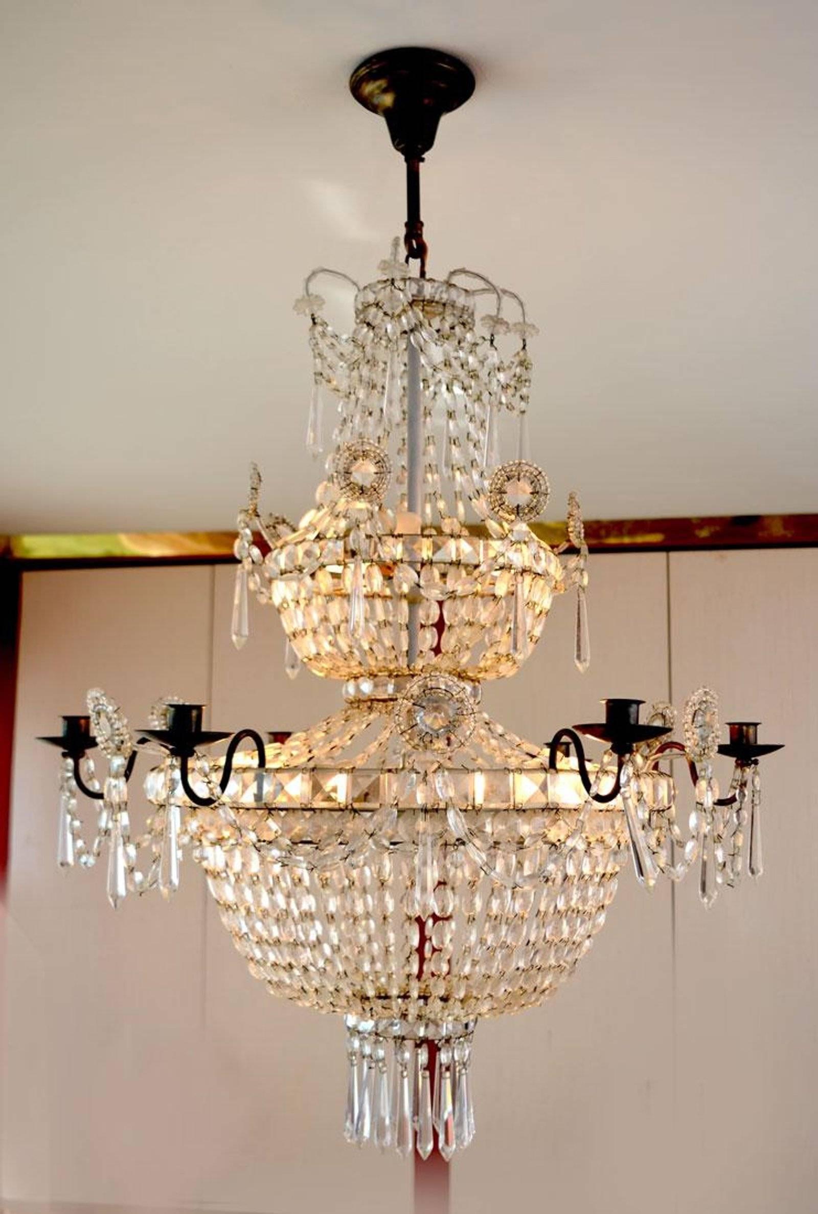 19th century Swedish neoclassical crystal chandelier

--Three tiers
--Six arms
--Can be French wired at customer's request
--Urn form Gustavian style.