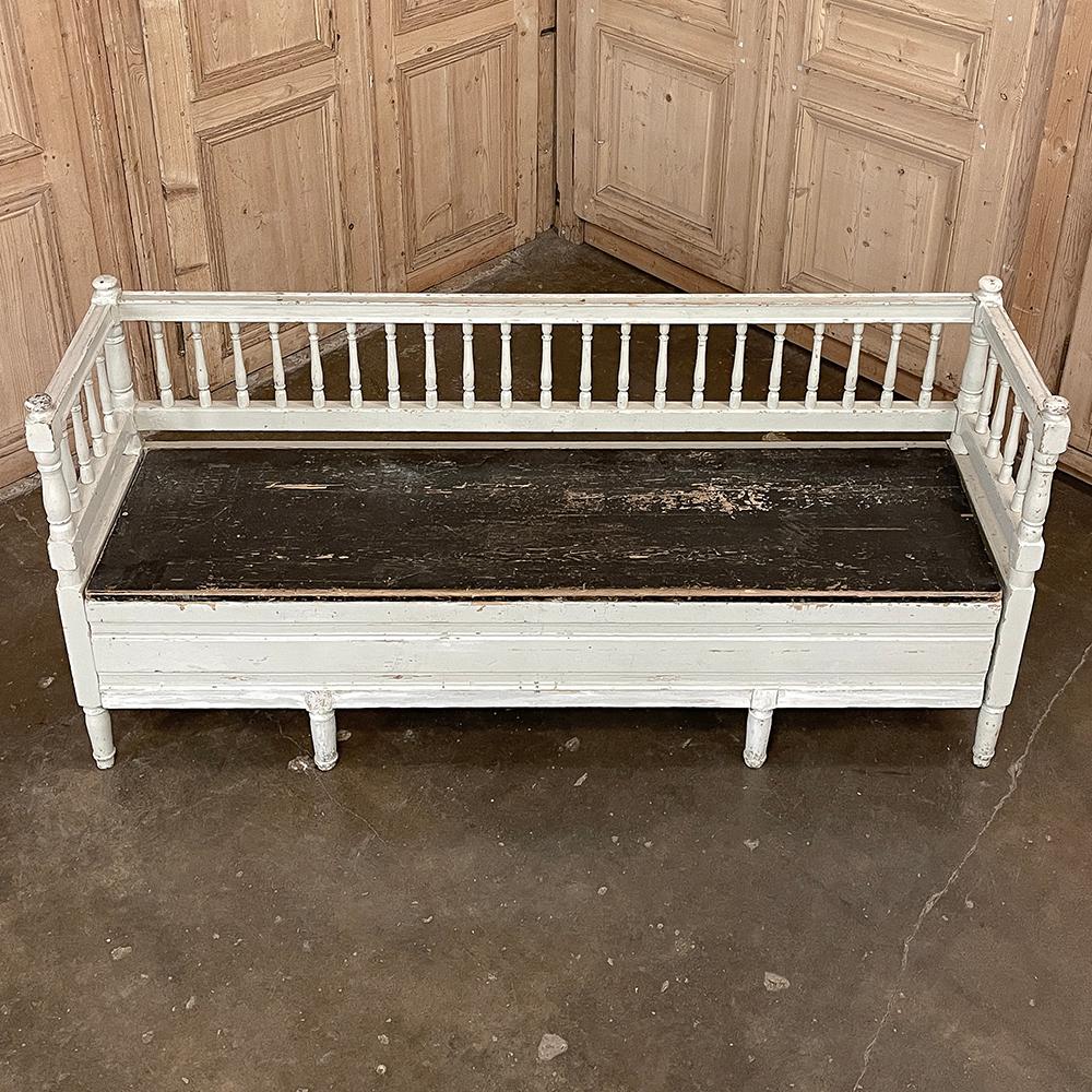 Hand-Crafted 19th Century Swedish Neoclassical Painted Bench, Trundle Bed For Sale