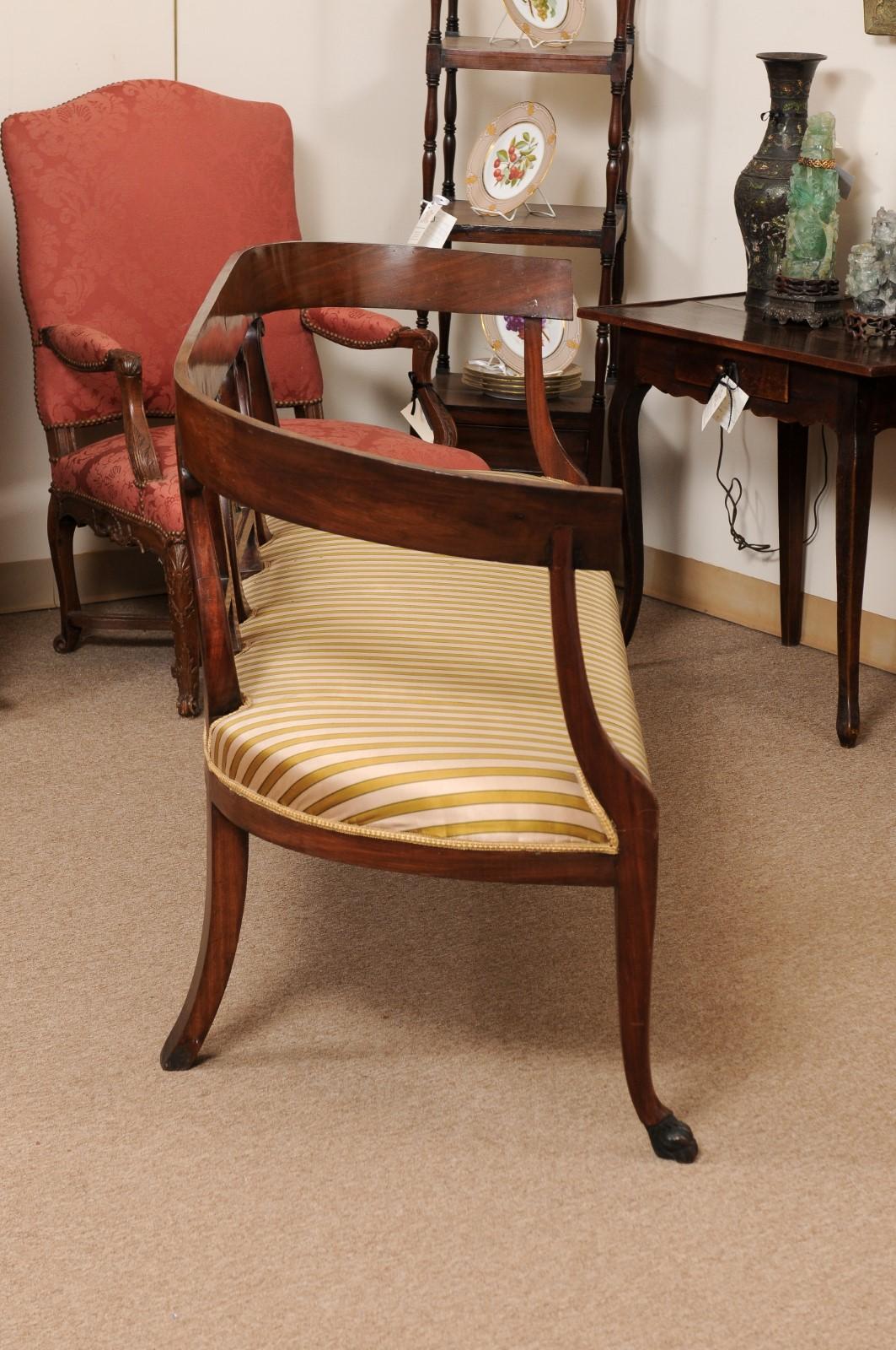 19th Century Swedish Neoclassical Settee in Mahogany with Lyre Shaped Backsplats & Paw Feet