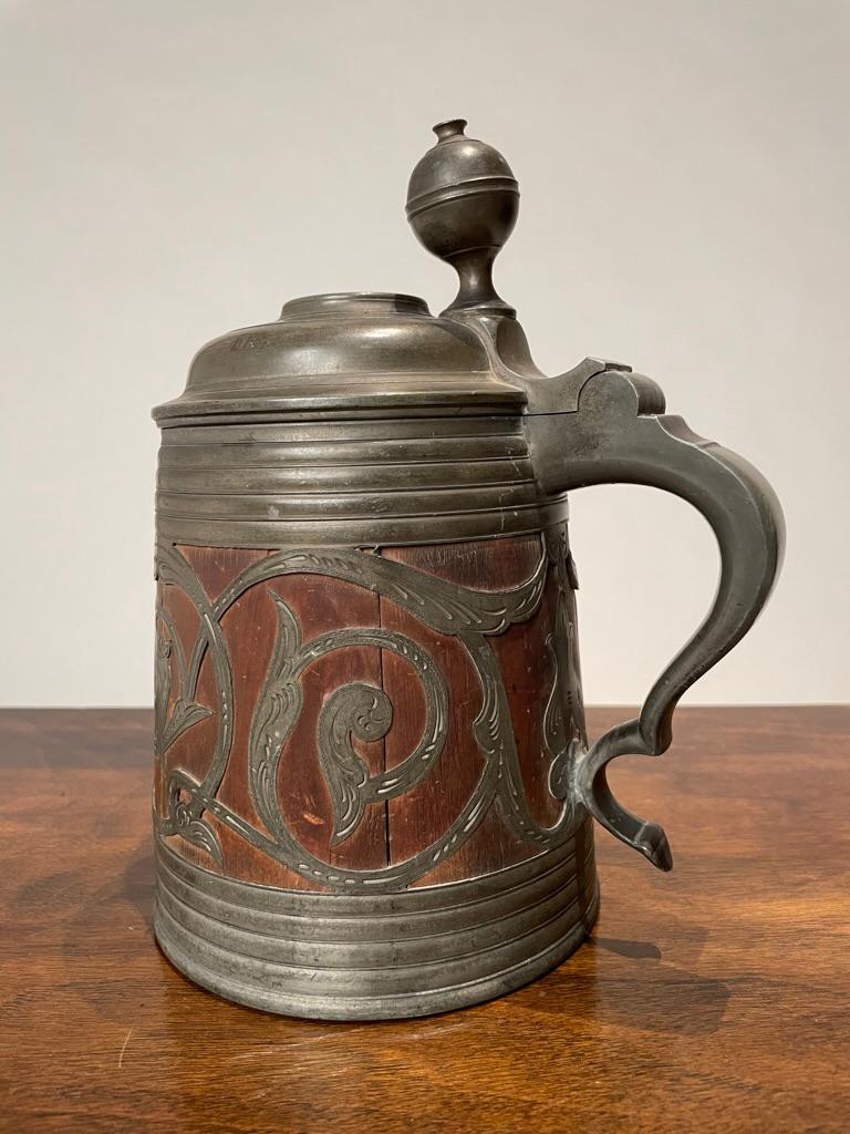 Gustavian 19th Century Swedish Oak and Pewter Tankard With King Carl XV Coin For Sale