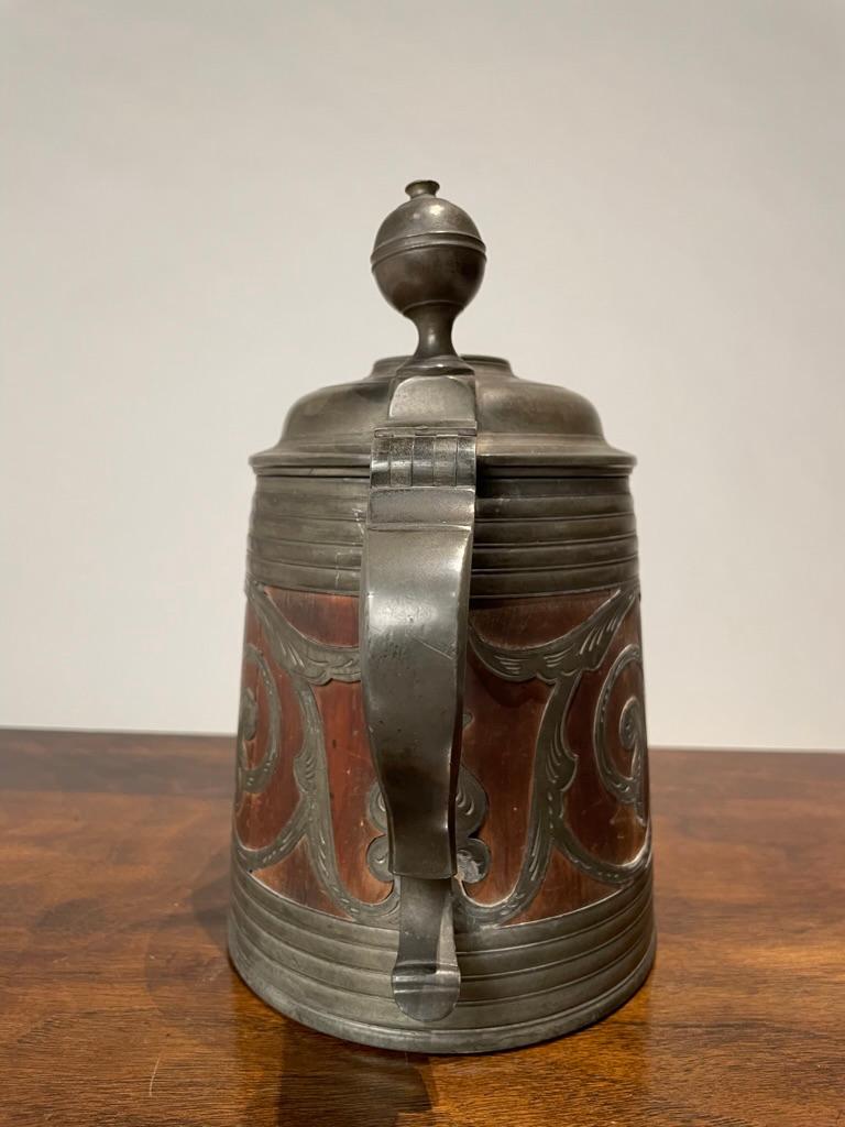 Hand-Carved 19th Century Swedish Oak and Pewter Tankard With King Carl XV Coin For Sale