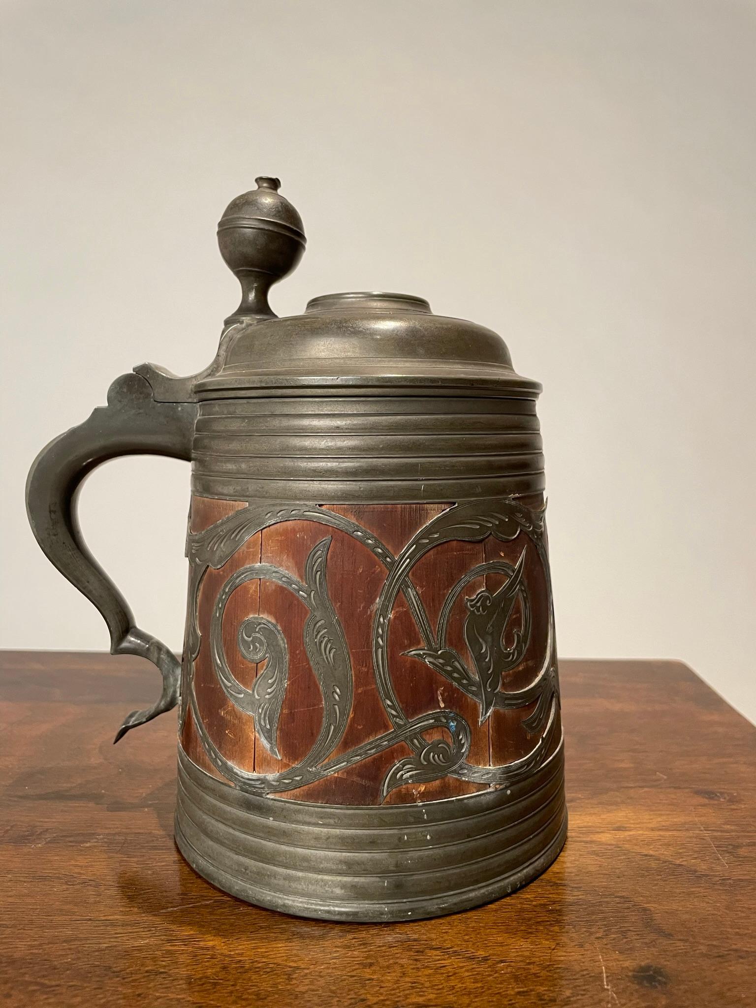 Silver 19th Century Swedish Oak and Pewter Tankard With King Carl XV Coin For Sale