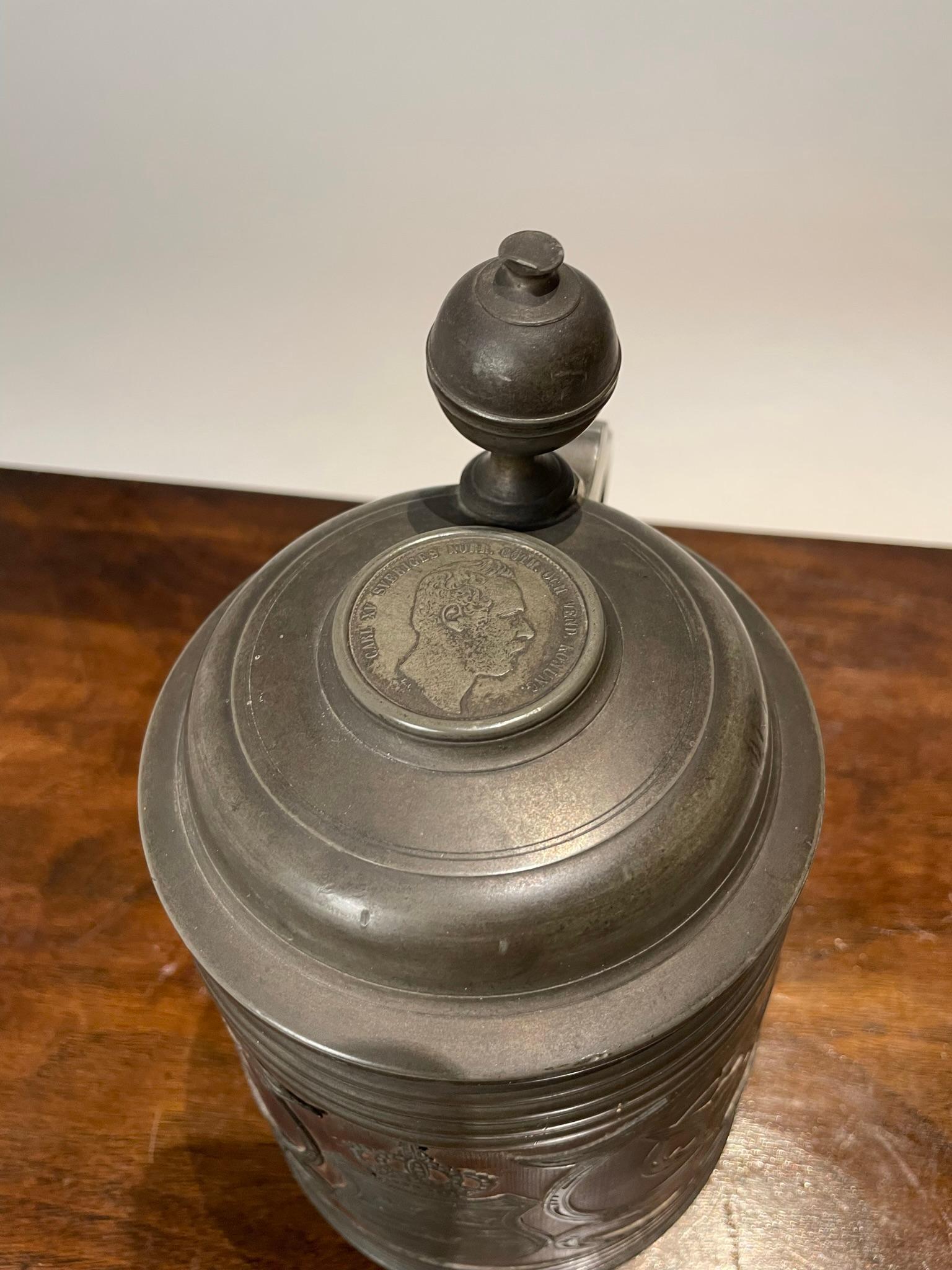 19th Century Swedish Oak and Pewter Tankard With King Carl XV Coin For Sale 1