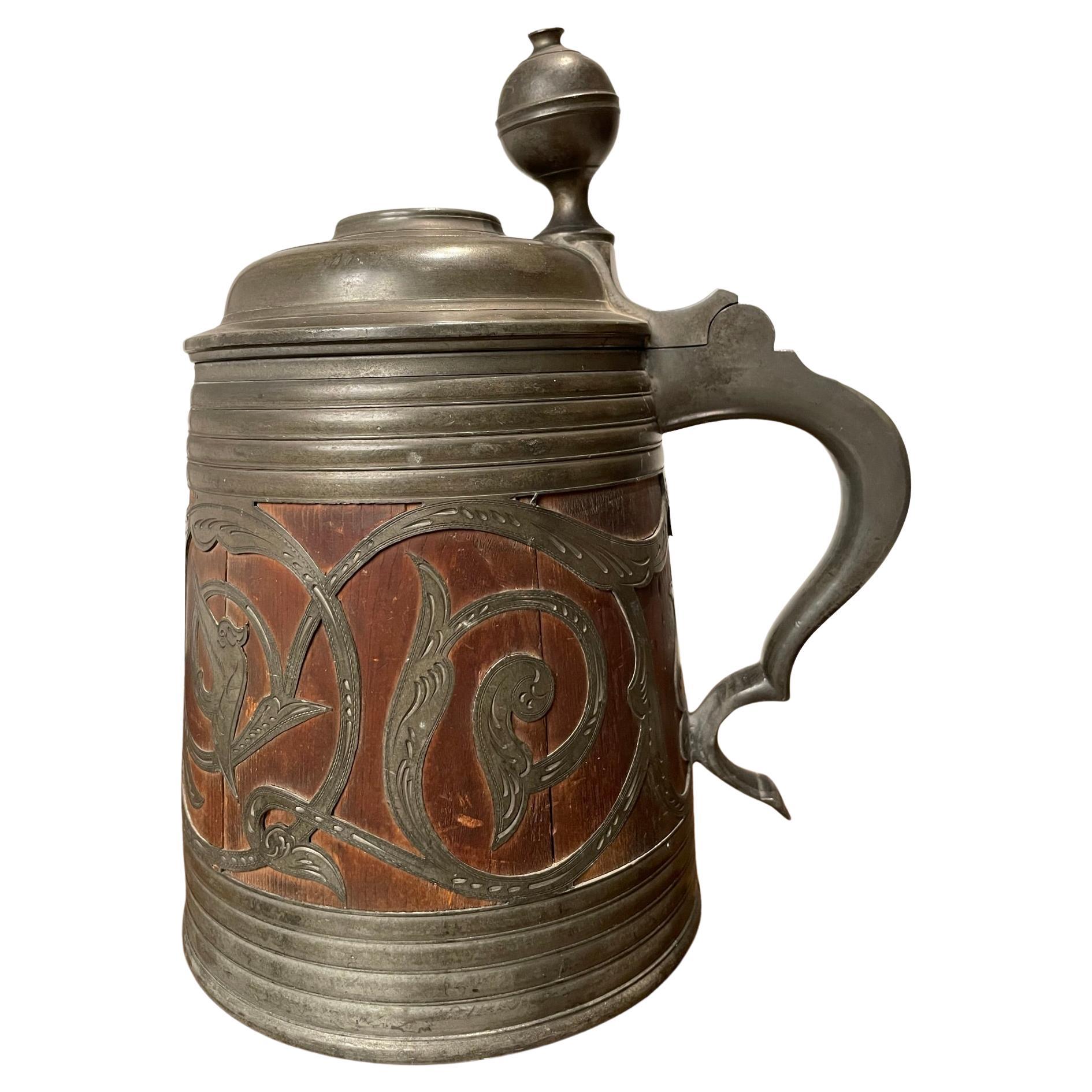 19th Century Swedish Oak and Pewter Tankard With King Carl XV Coin For Sale