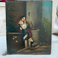 Dipinto a olio svedese del XIX secolo raffigurante una ragazza vicino a una fontana