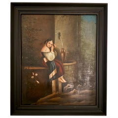 Dipinto a olio svedese del XIX secolo raffigurante una ragazza vicino a una fontana