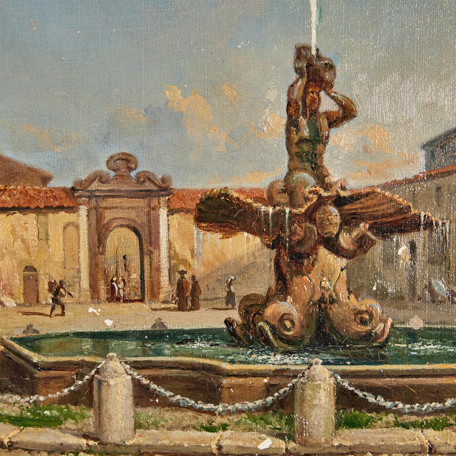 A blue-brown, antique Swedish oil on canvas painting of a sunny day at the Piazza Barberini, in Rome, Italy painted by Gustaf Wilhelm Palm in a hand carved original gilded wooden frame, in good condition. The colorful painting depicts The Fontana