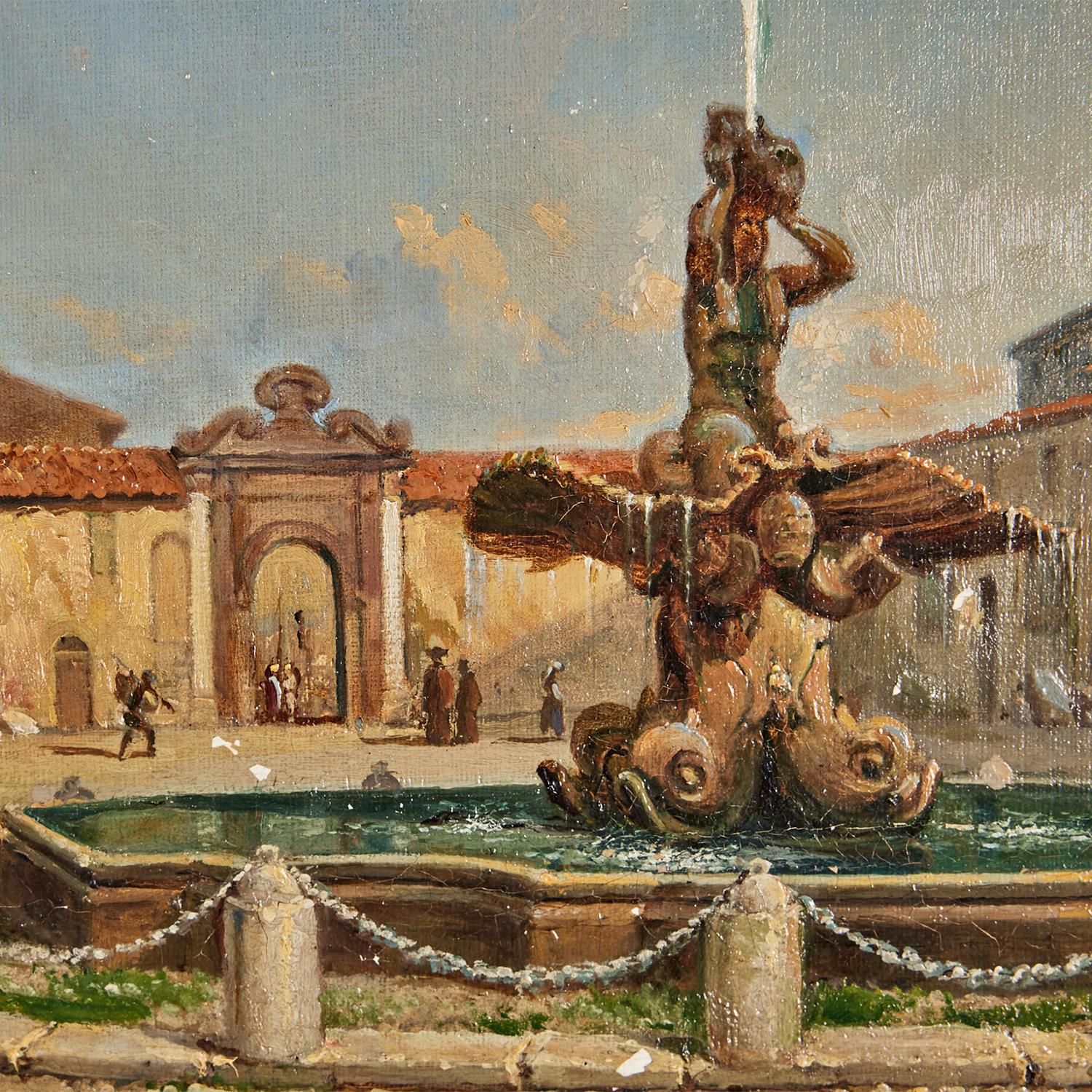 Une huile sur toile suédoise ancienne de couleur bleu-brun représentant une journée ensoleillée sur la Piazza Barberini, à Rome, en Italie, peinte par Gustaf Wilhelm Palm dans un cadre original en bois doré sculpté à la main, en bon état. La