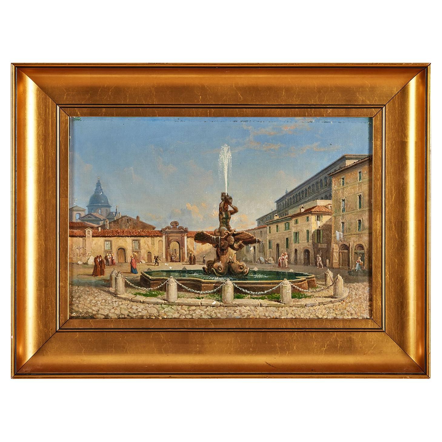 Peinture à l'huile suédoise du 19ème siècle représentant la Piazza Barberini de Gustaf Wilhelm Palm