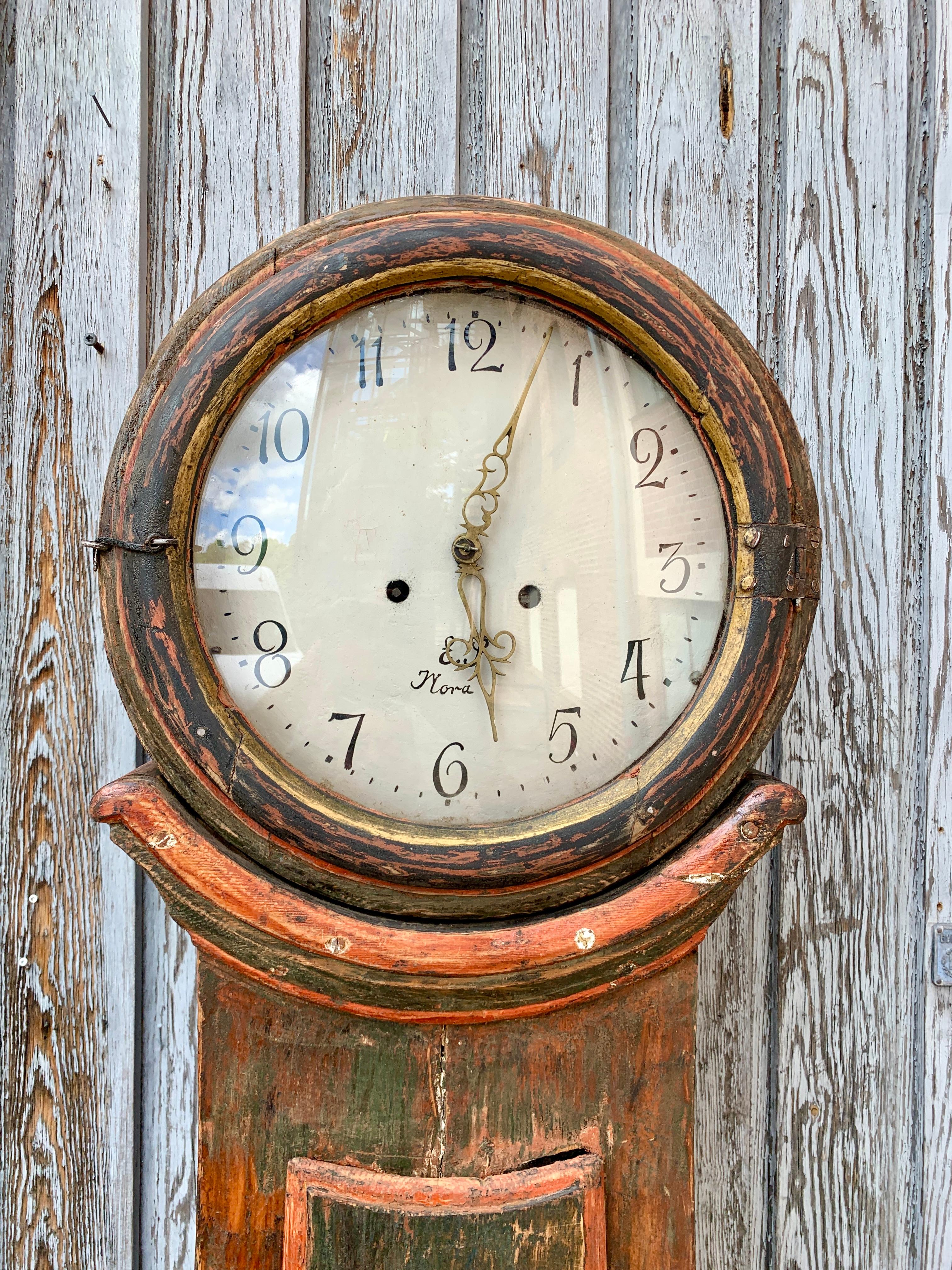 Hand-Carved 19th Century Swedish Original Painted Mora Clock For Sale