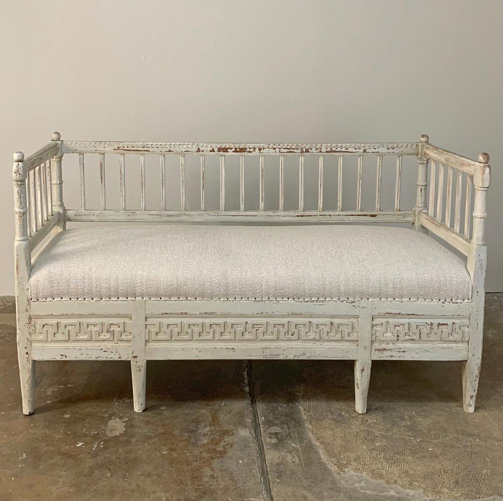 19th century Swedish painted daybed ~ bench is a jewel of a find, with a high gallery rail on three sides perfect for bunching up pillows. Use it for a sofa during the day, and for extra sleeping accommodations when you have a houseful! Painted