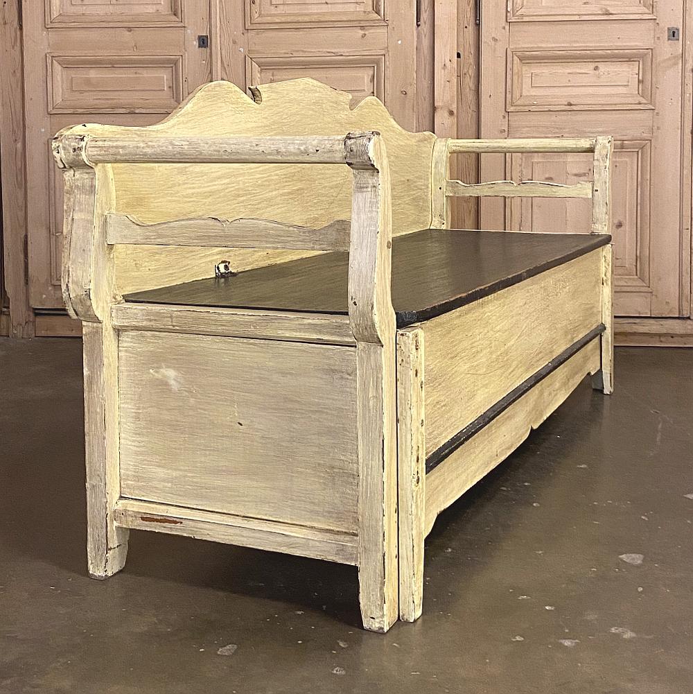19th century Swedish painted hall bench ~ trundle bed is the perfect selection for the active family! By day, a handsome, country style hall bench ~ by night, pullout / pull-out the trundle, pop up the seat, and a mattress can be dropped in for