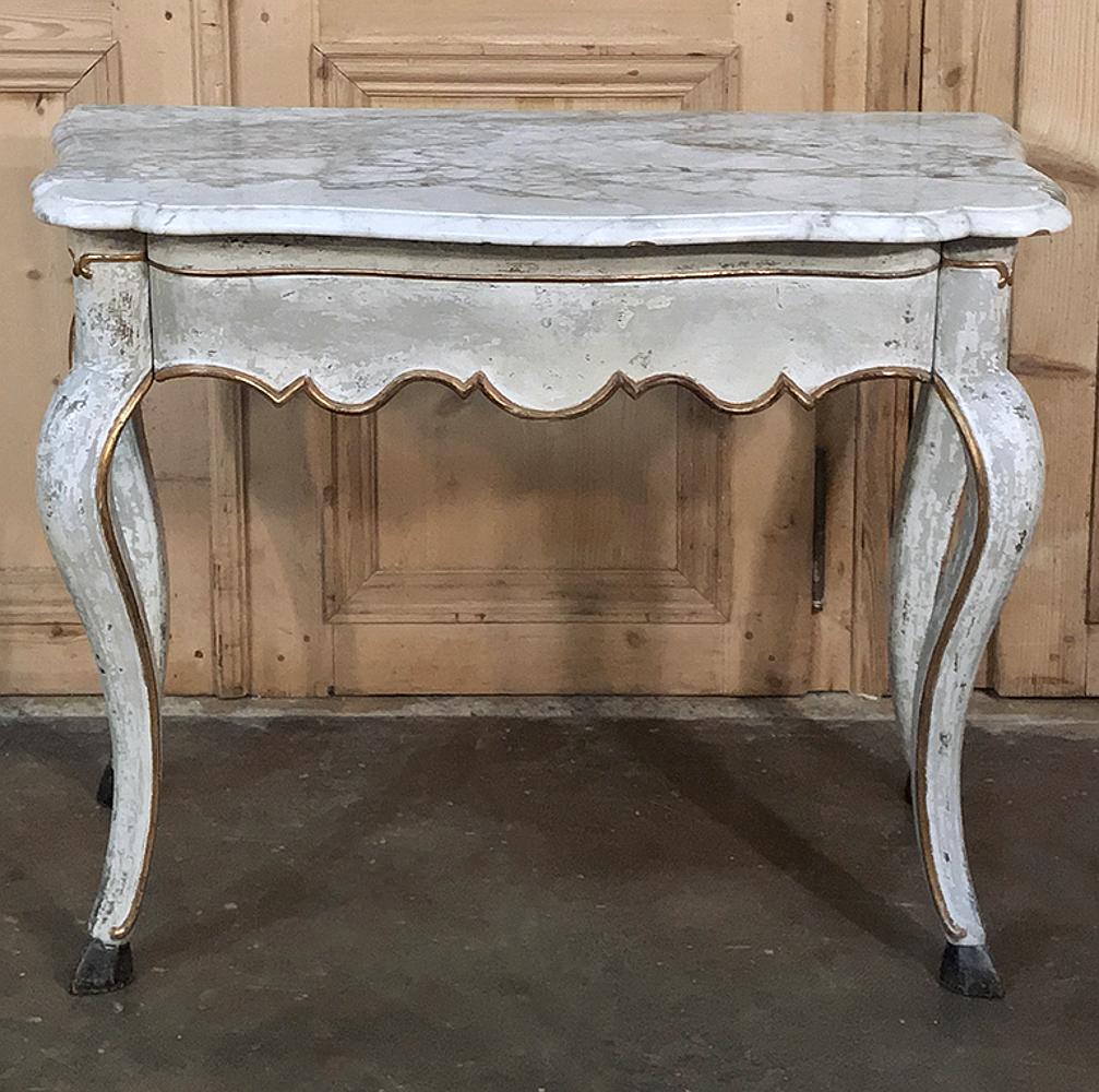 19th Century Swedish Painted Marble Top Console is a study in rustic charm melded with hand-crafted traditional methods and styling to create a lasting heirloom for your family!  Pastel tones of the slightly distressed painted finish are perfect for