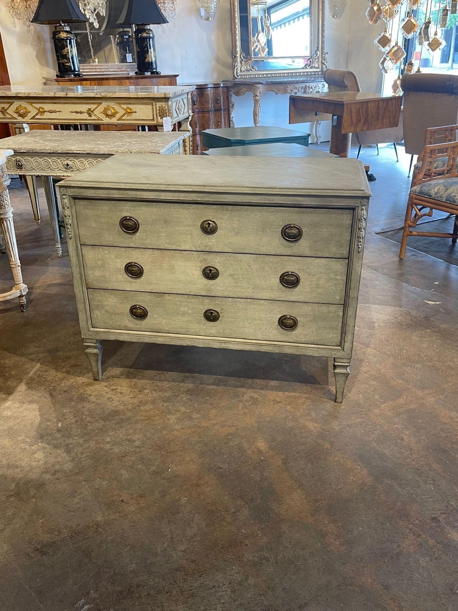 Very fine 19th century Swedish painted Neo-Classical style chest. This piece has beautiful clean lines and a gorgeous patina. Mixes well with a variety of decors. So pretty!