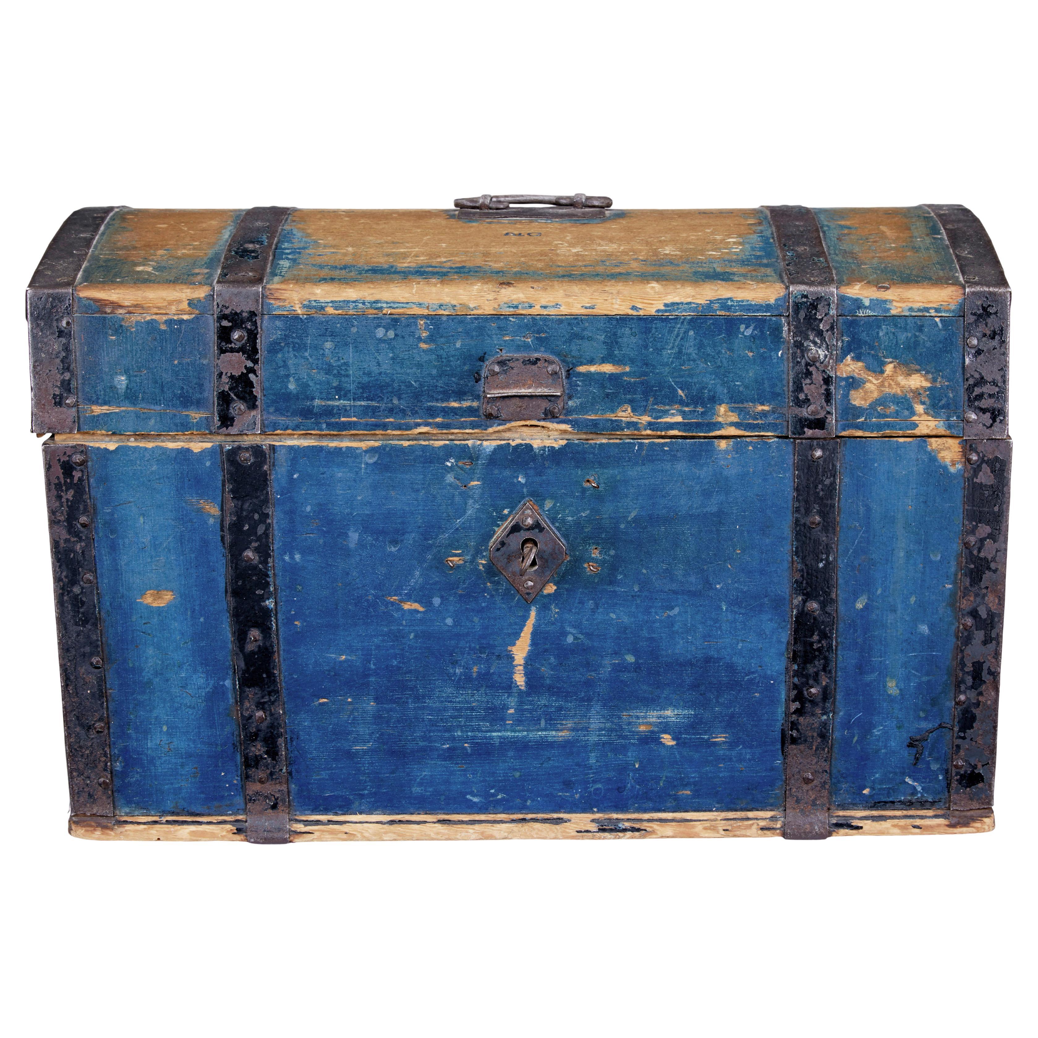 19th century Swedish painted pine metal bound dome top box