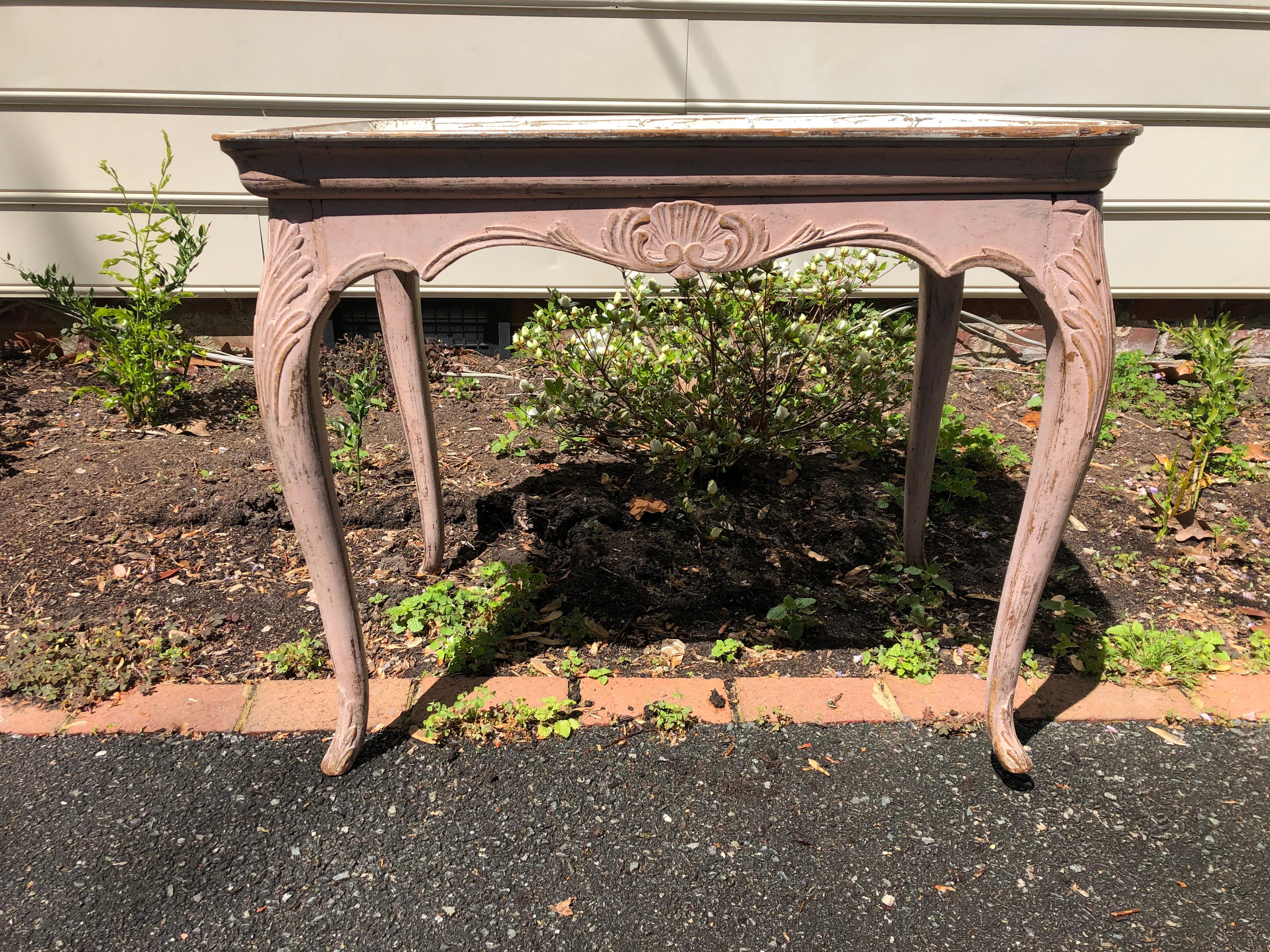 Great 19th century Swedish painted tray table in old pink and white paint.