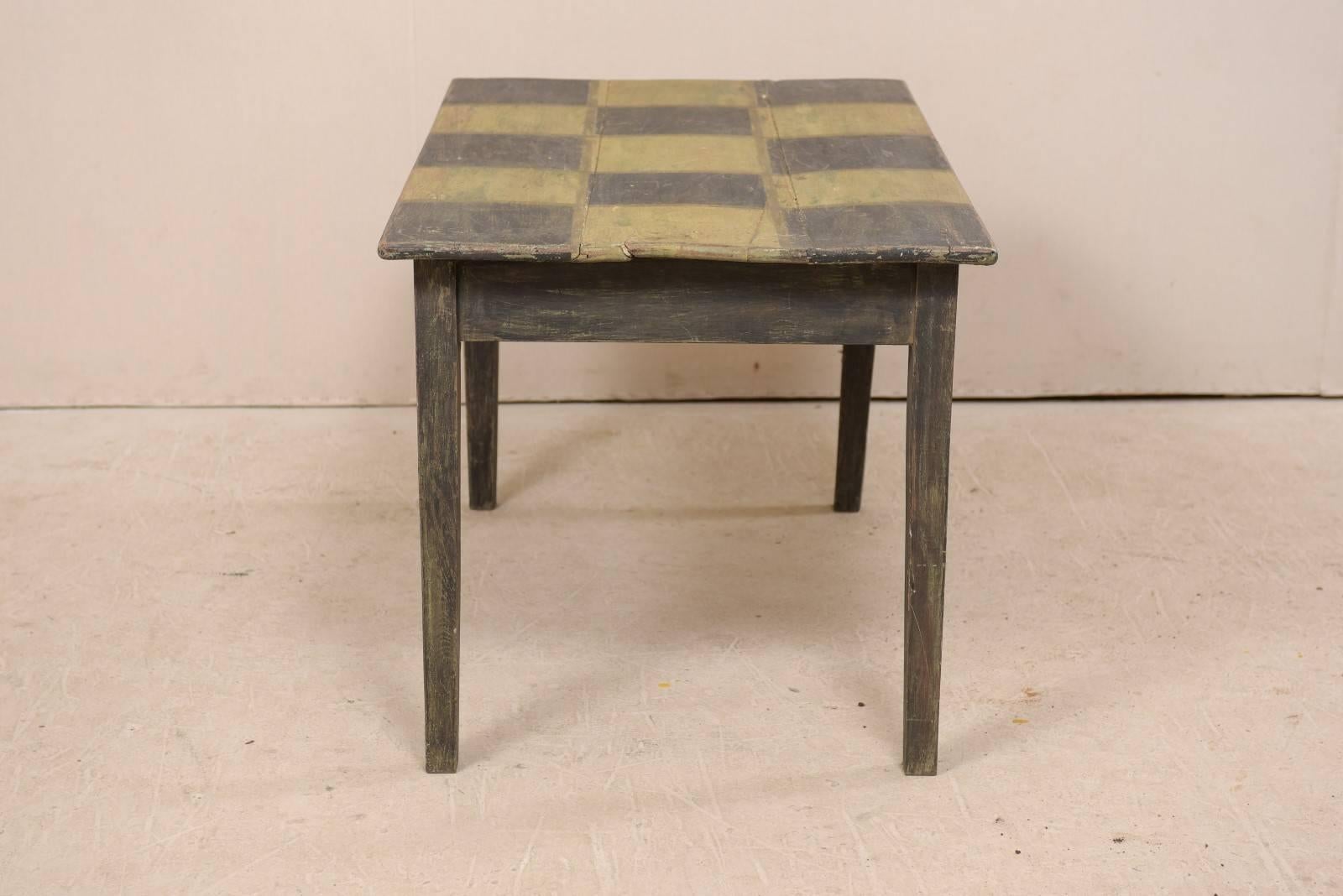 Carved 19th Century Swedish Painted Wood Dark Checker Top Table with Nice Tapered Legs For Sale