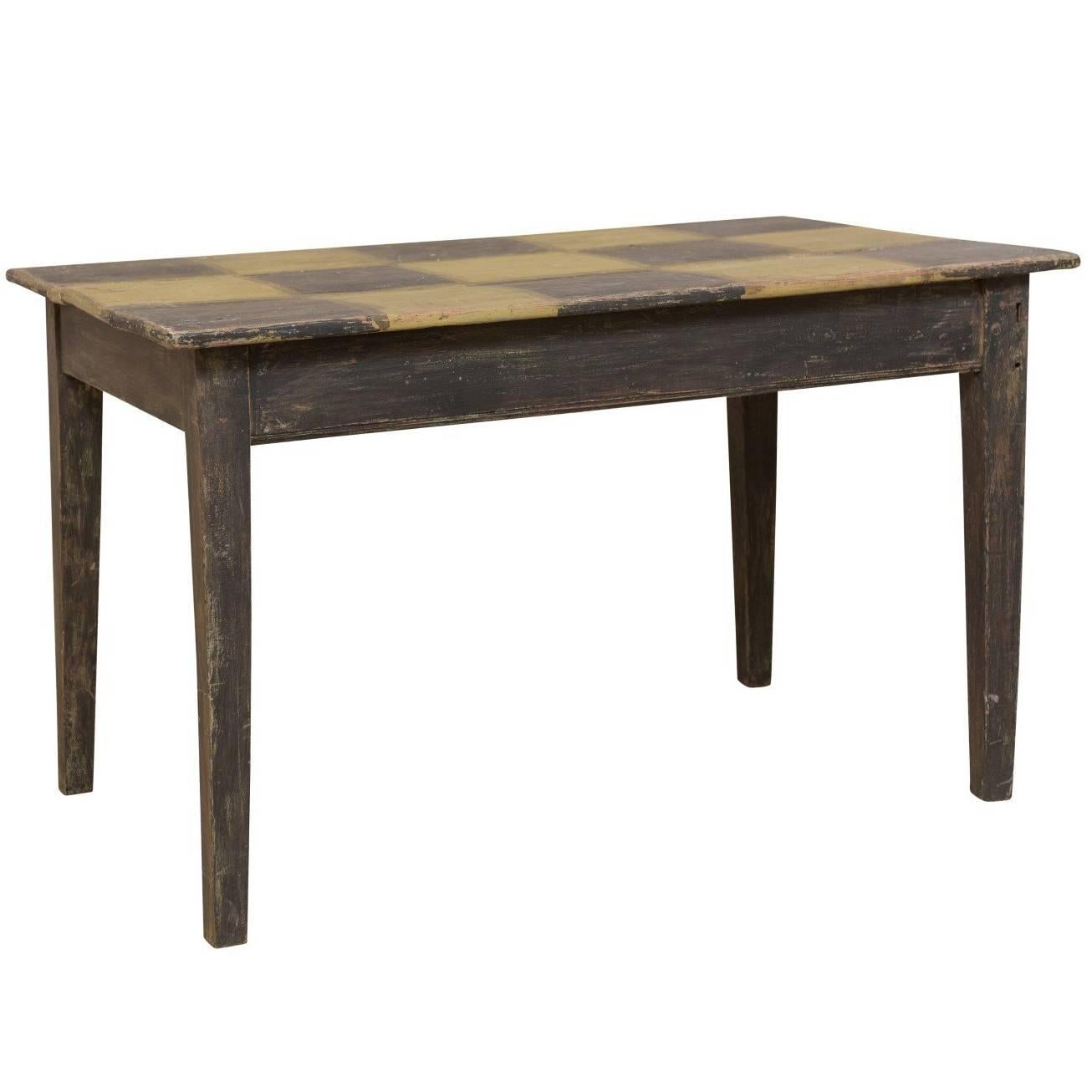 19th Century Swedish Painted Wood Dark Checker Top Table with Nice Tapered Legs For Sale