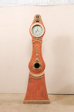A Fabulous 19th C. Norrbotten Painted & Carved Wood Grandfather Clock , Sweden