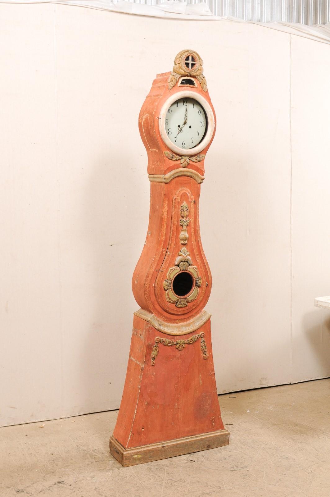 Swedish A Fabulous 19th C. Norrbotten Painted & Carved Wood Grandfather Clock , Sweden 