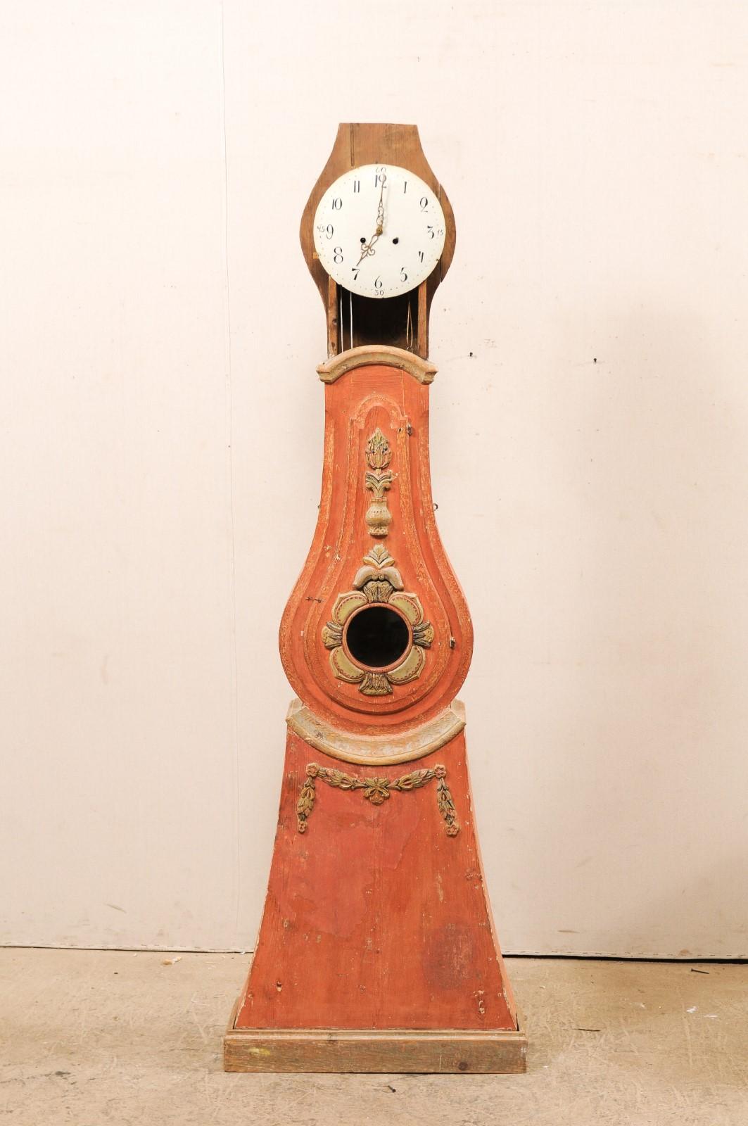 A Fabulous 19th C. Norrbotten Painted & Carved Wood Grandfather Clock , Sweden  (Geschnitzt)