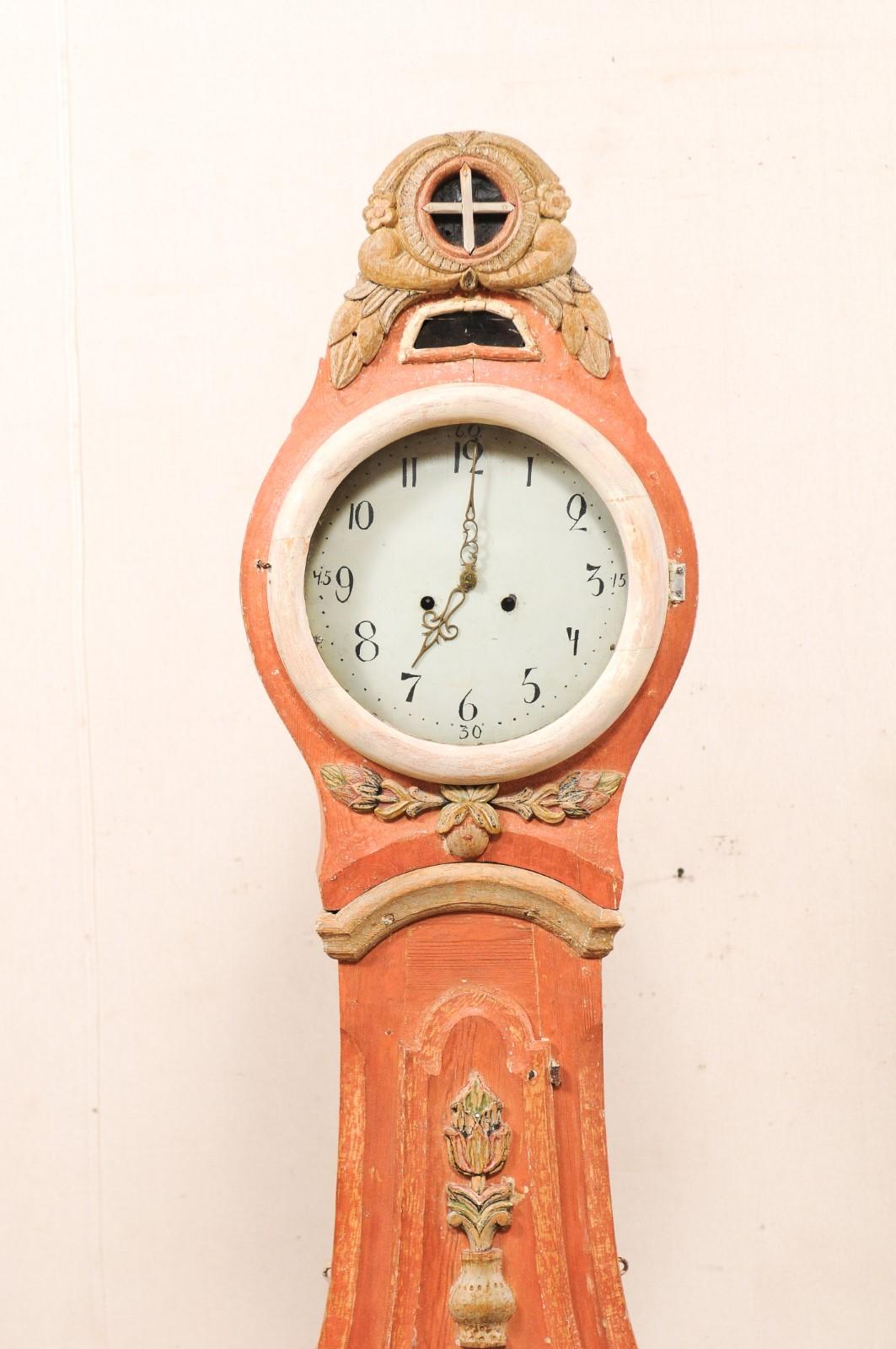A Fabulous 19th C. Norrbotten Painted & Carved Wood Grandfather Clock , Sweden  im Zustand „Gut“ in Atlanta, GA