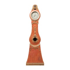 A Fabulous 19th C. Norrbotten Painted & Carved Wood Grandfather Clock , Sweden 
