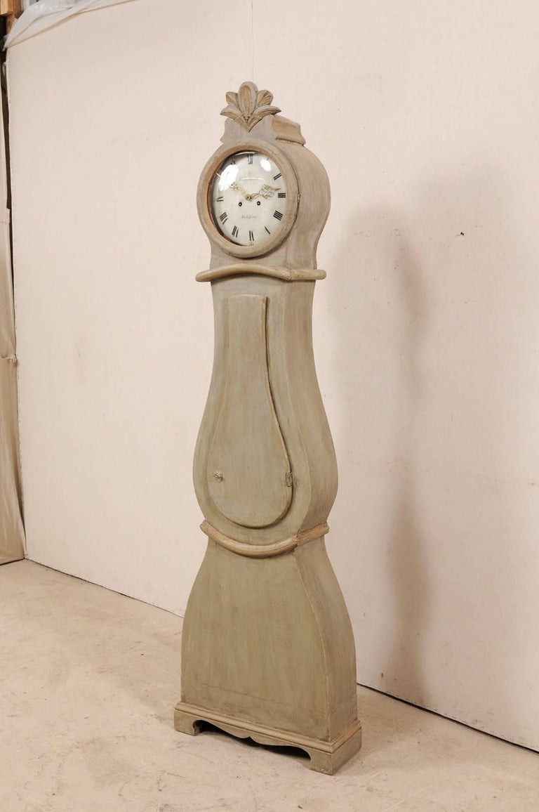 19th Century Swedish Painted Wood Floor Clock with Feathering Carved