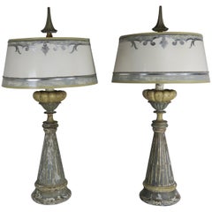 19th Century Swedish Painted Wood Lamps with Parchment Shades