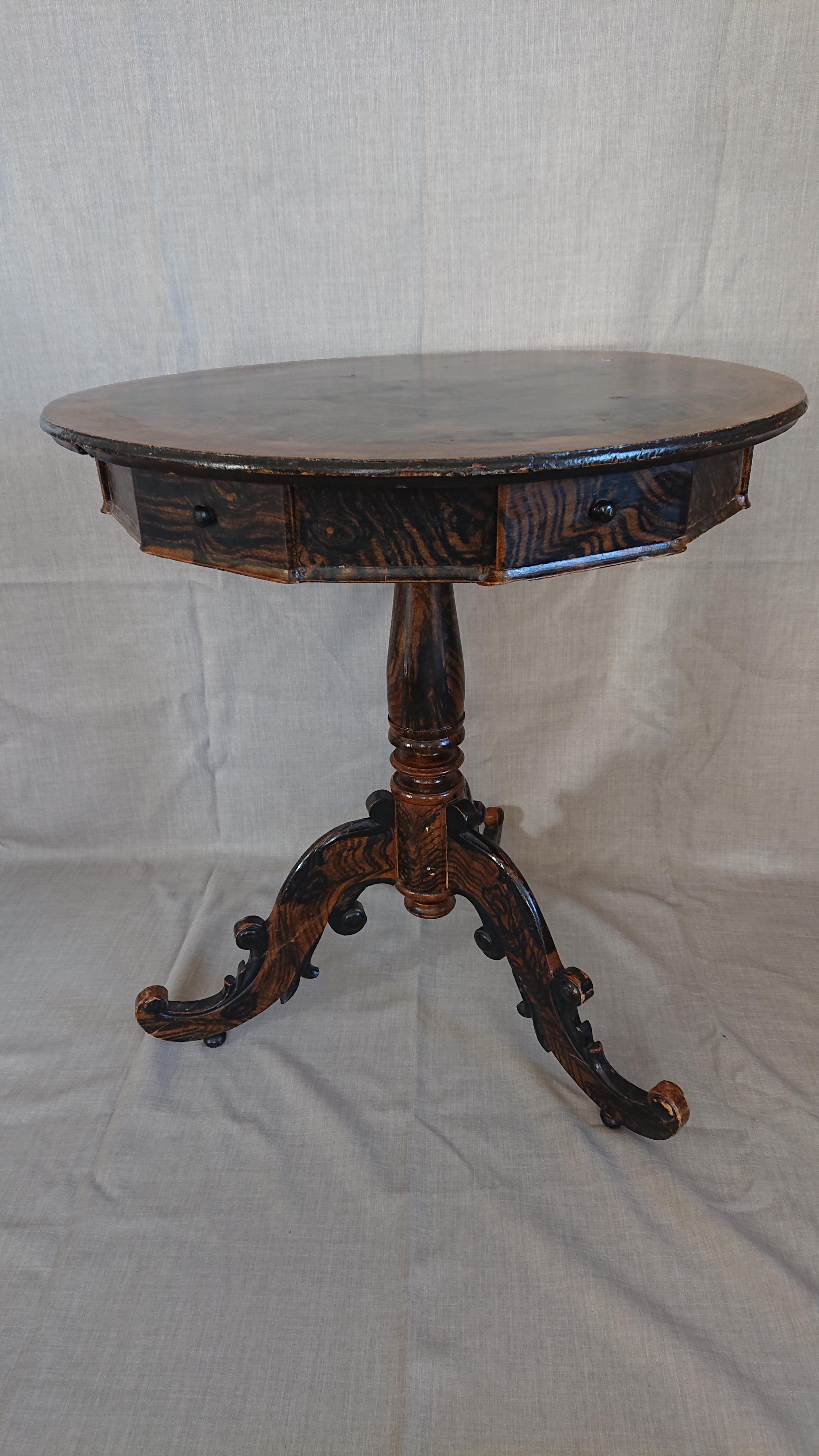 Exceptional 19th Century Pedestal table with drawers from Pitea Norrbotten, North of Sweden.
Untouched original paint with walnut imitation.
Unusual with drawers. Two drawers with function. Others are blind drawers just for the sake of decoration.