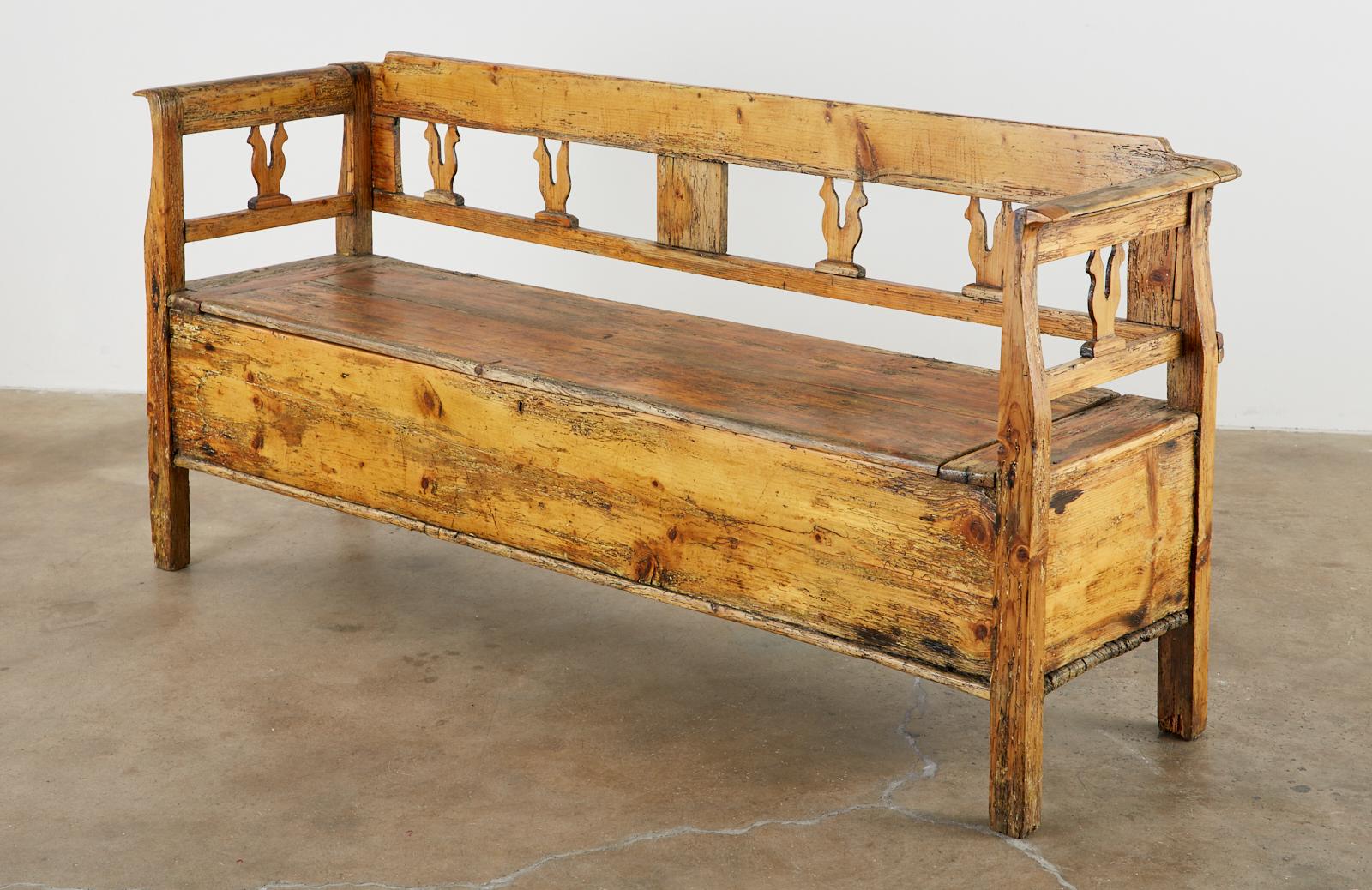 Hand-Crafted 19th Century Swedish Pine Bench with Storage