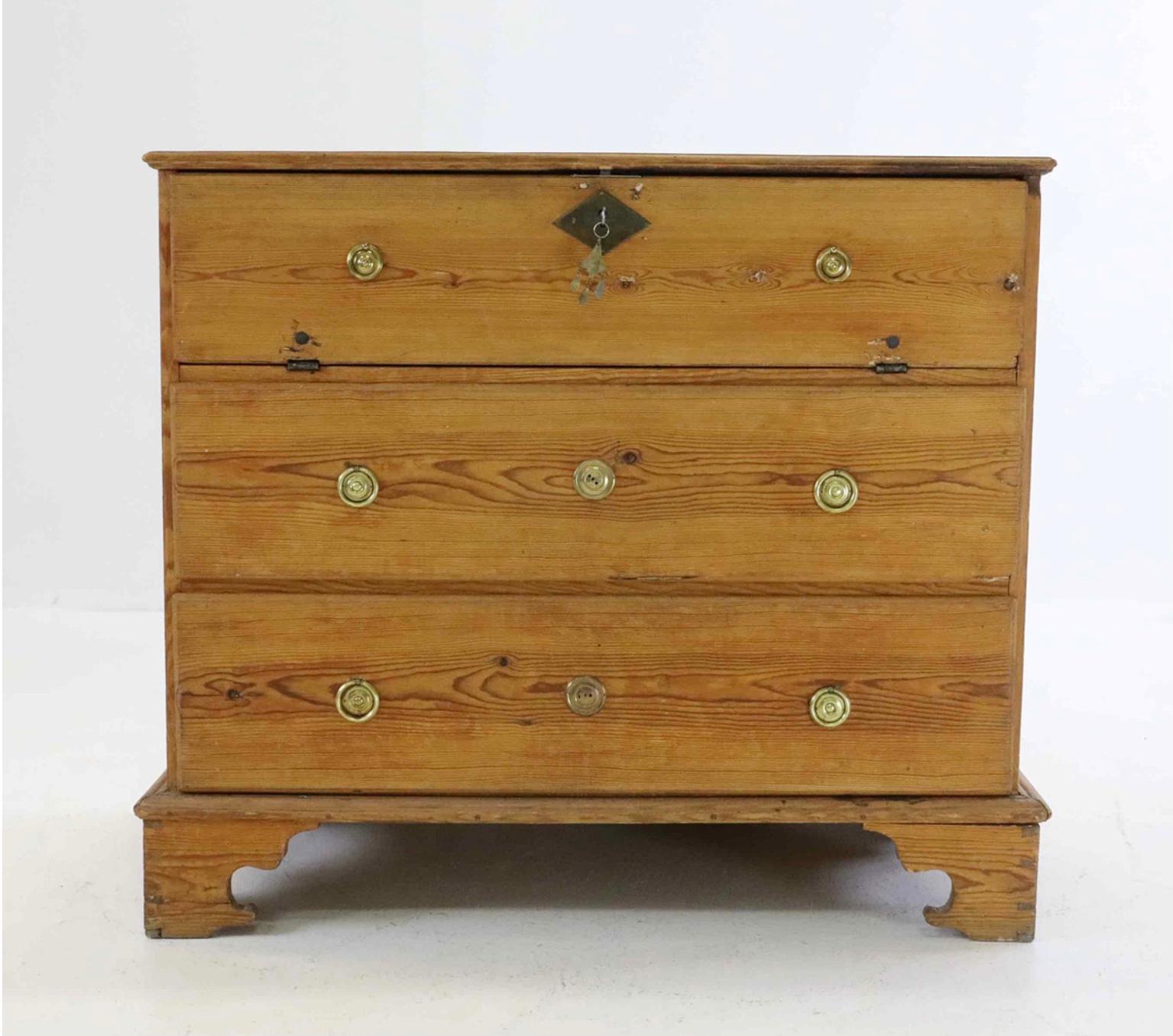 Campaign 19th century Swedish pine bureau with iron side handles For Sale