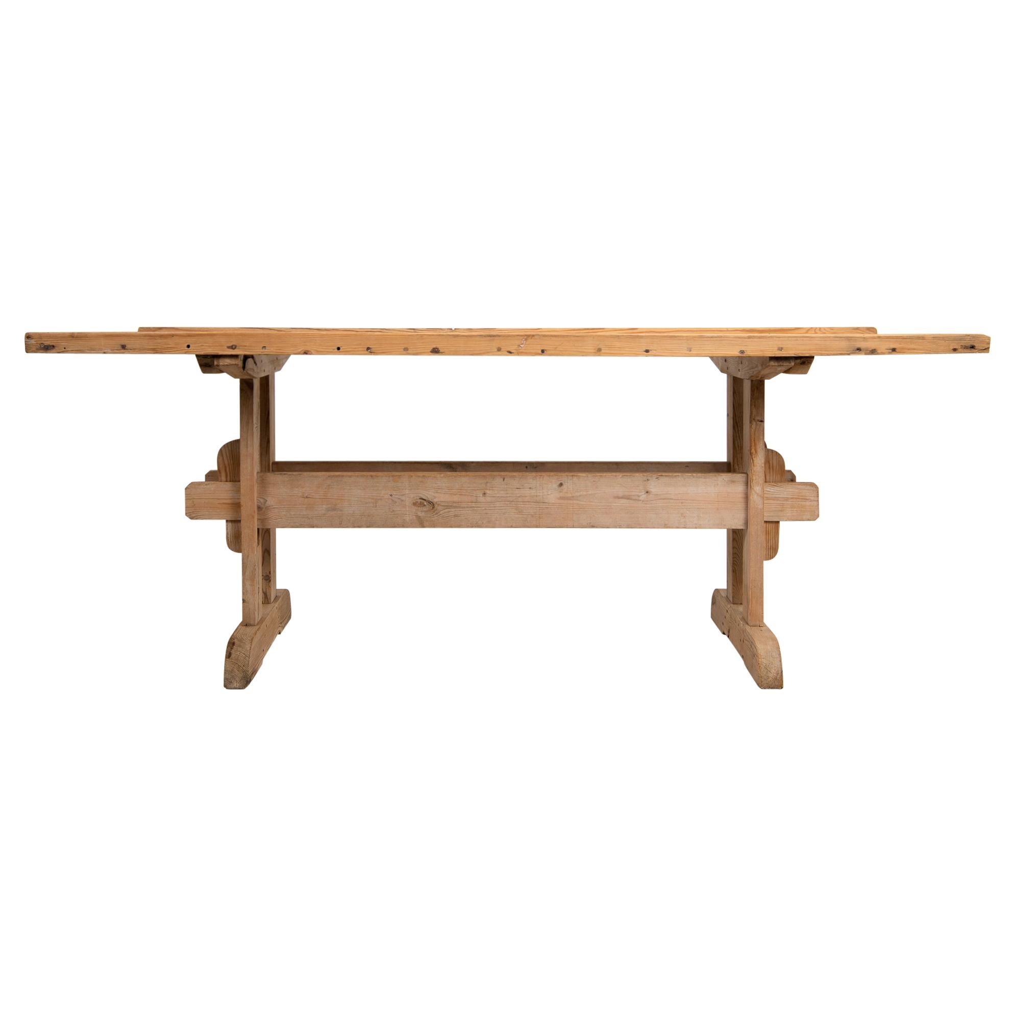 Antique Genuine Swedish Pine Country Dining or Work Trestle Table For Sale