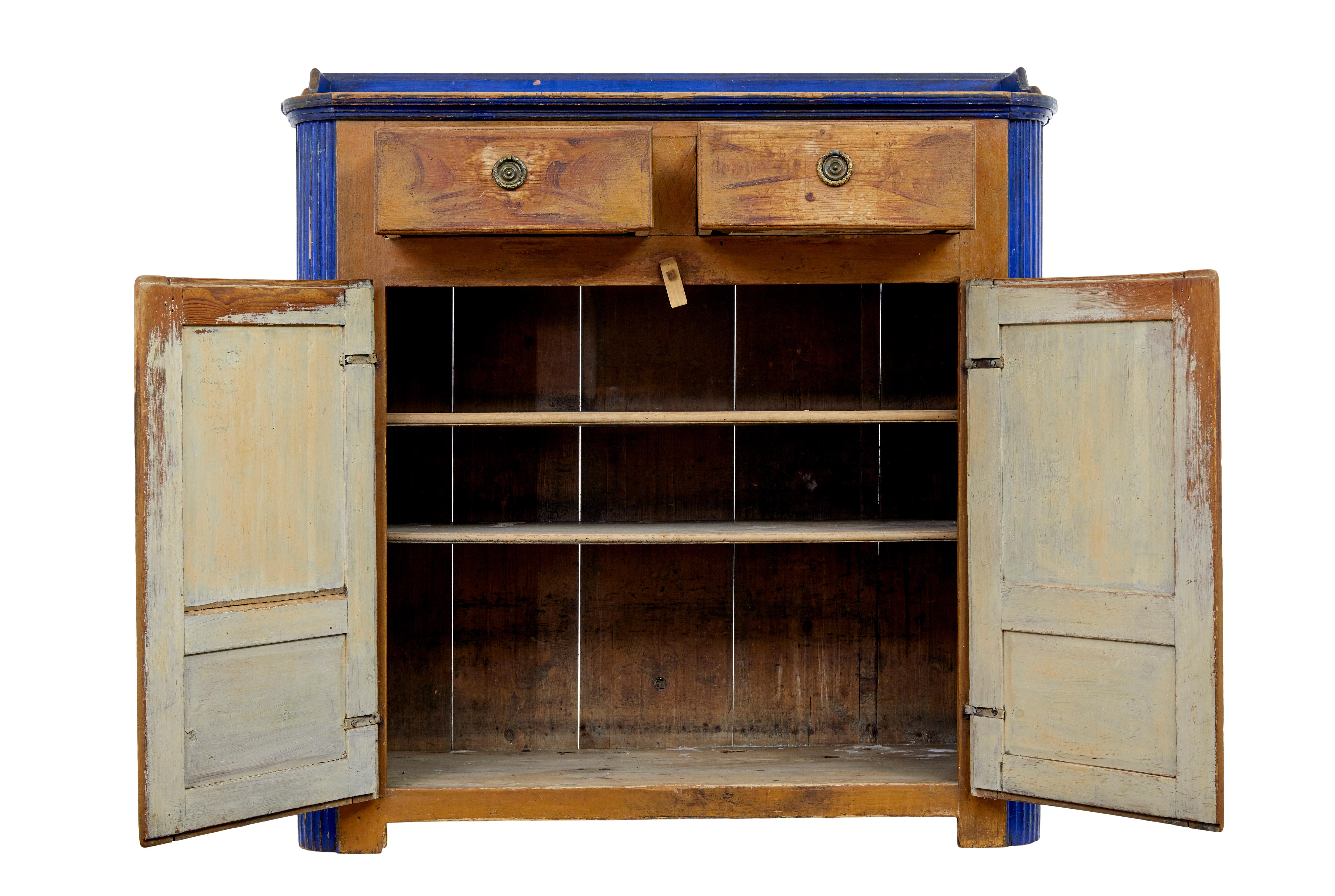 Rustic 19th Century Swedish Pine Ragwork Painted Kitchen Cupboard For Sale
