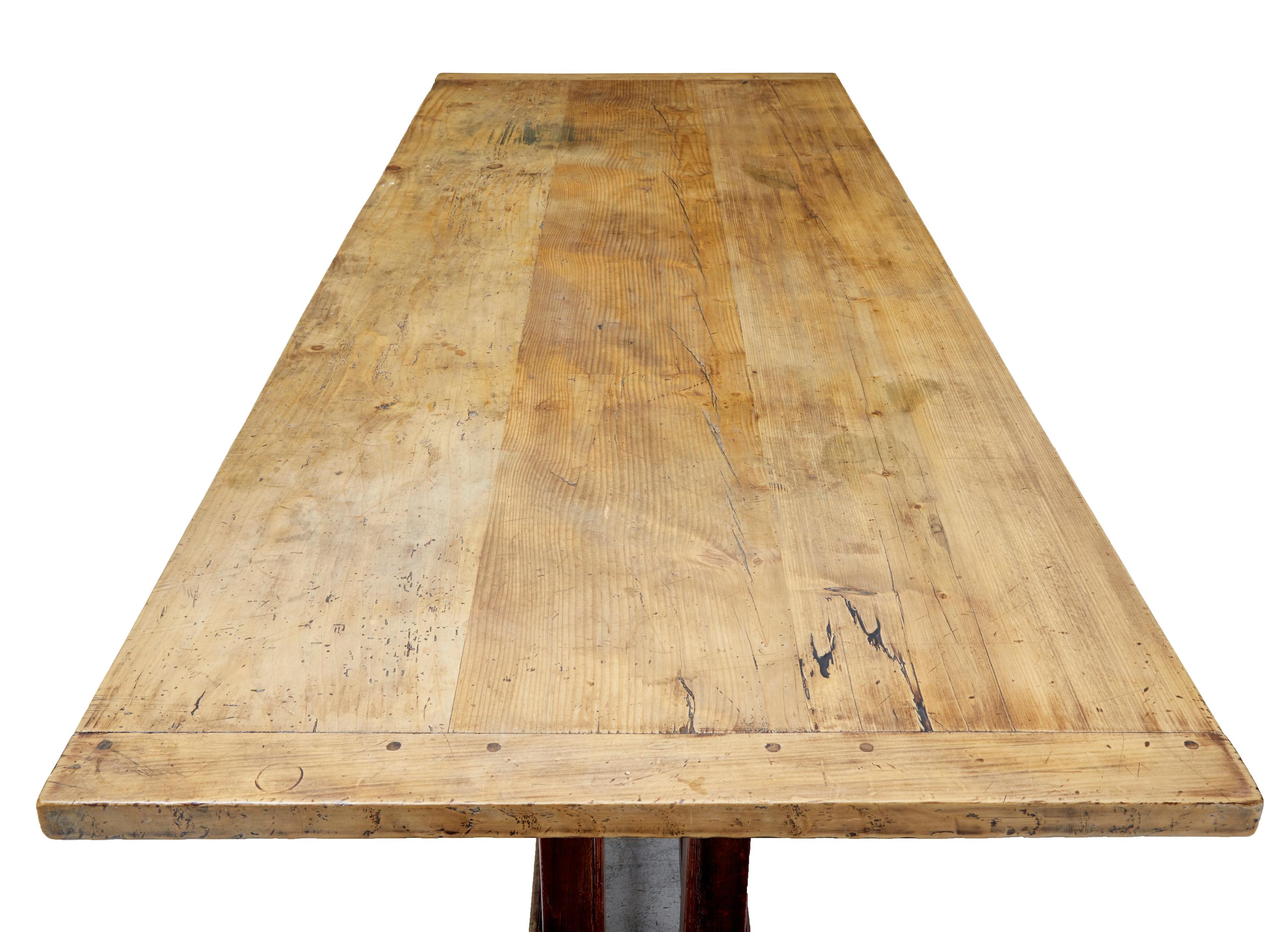 Rustic 19th Century Swedish Pine Refectory Table with Painted Base
