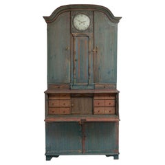 19th Century Swedish Pine Rococo and Gustavian Clock Bureau Cabinet