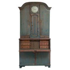 Vintage 19th Century Swedish Pine Rococo and Gustavian Clock Bureau Cabinet