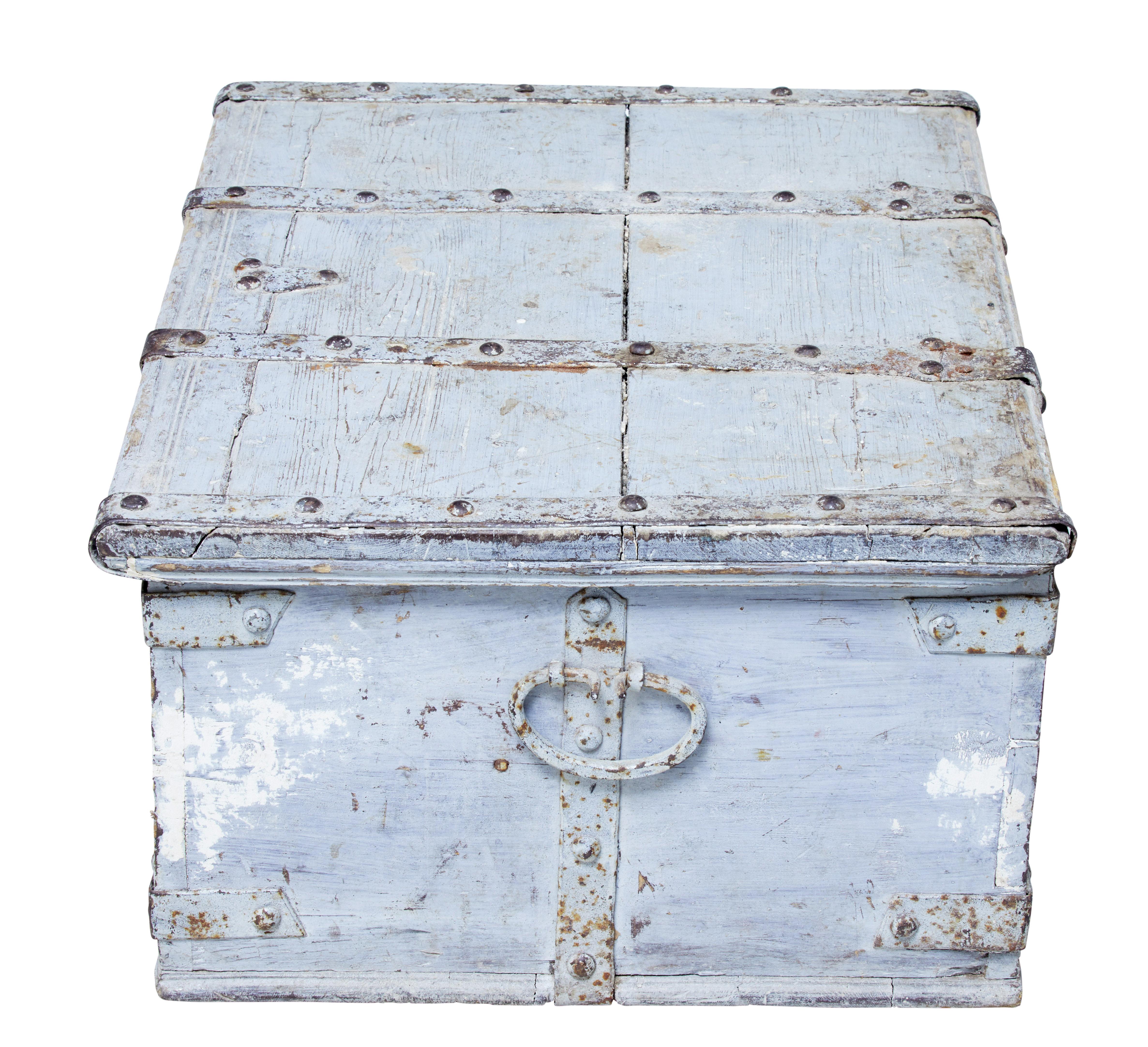 19th century Swedish work box, circa 1870.

Painted strong box with original metal work, lid opens to reveal a separate tray fitted inside.

Obvious signs of use and losses to paint, but fit for use.