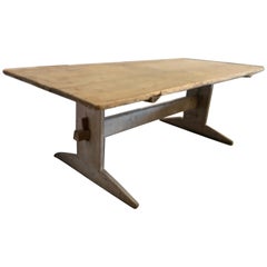 Antique 19th Century Swedish Pine Wide Table Top Stretcher Table with Hints of Paint