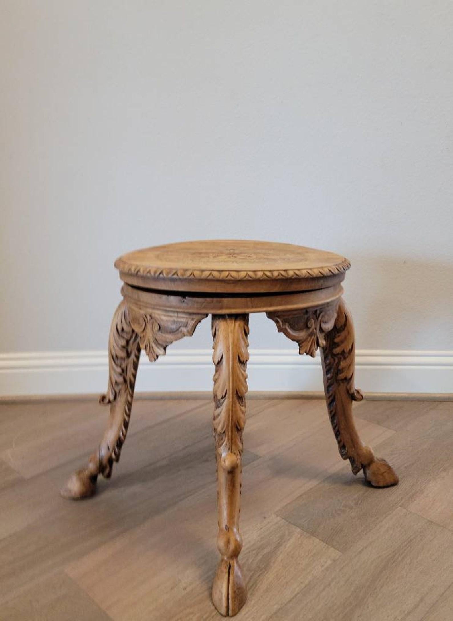 An exquisitely carved Nordic - Scandinavian birchwood antique piano stool (now chair side table) dating to the late 19th century. 

Most likely born in Sweden, circa 1880, featuring an exceptionally executed sculptural silhouette, with rich, fine
