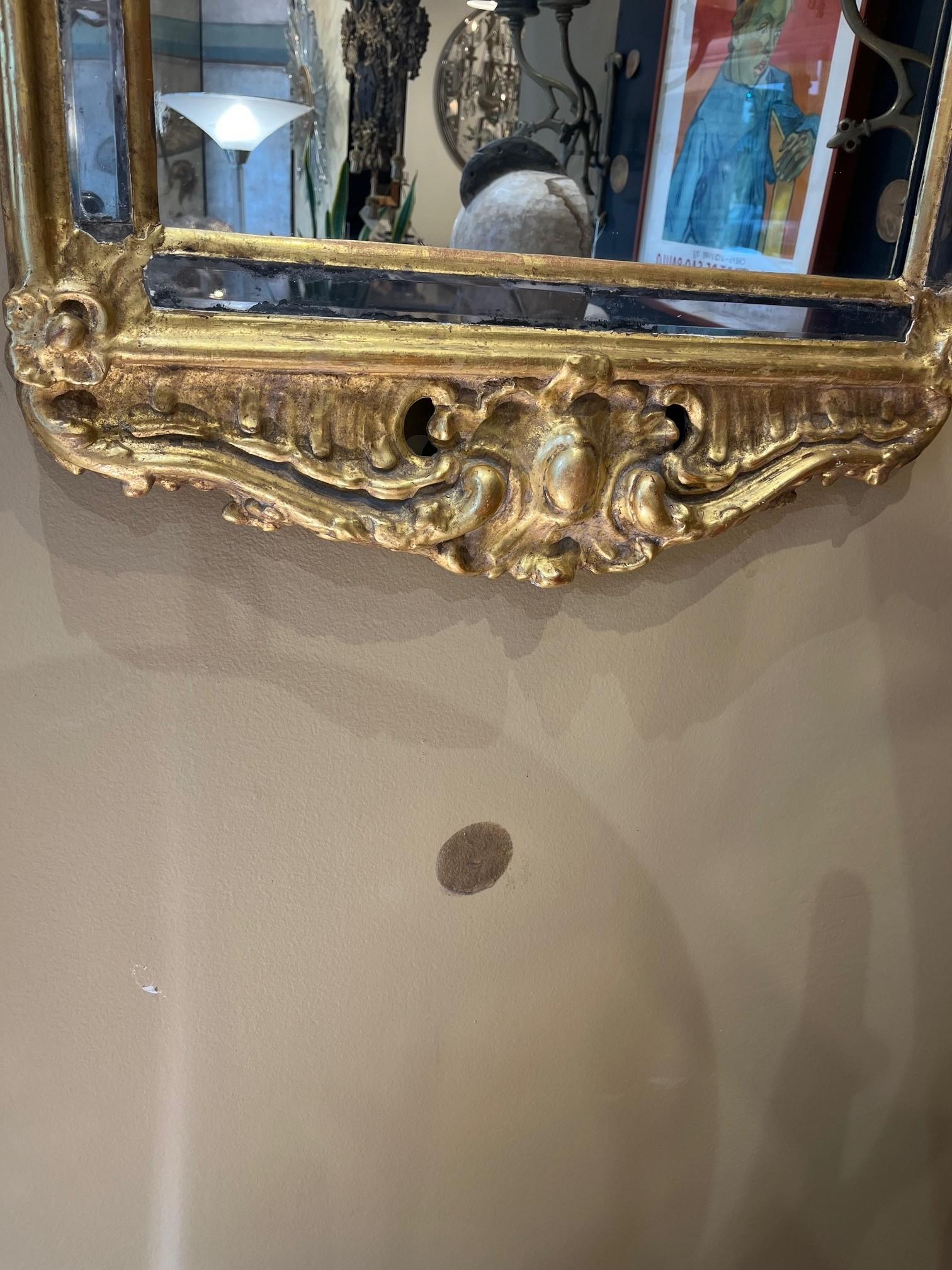 19th Century Swedish Rococo Giltwood Split Mirror, Arched Shaped Mirror Plate Enclosed by Conforming Mirrored Slips Headed by a Rocaille Cresting Issuing Trailing Foliage