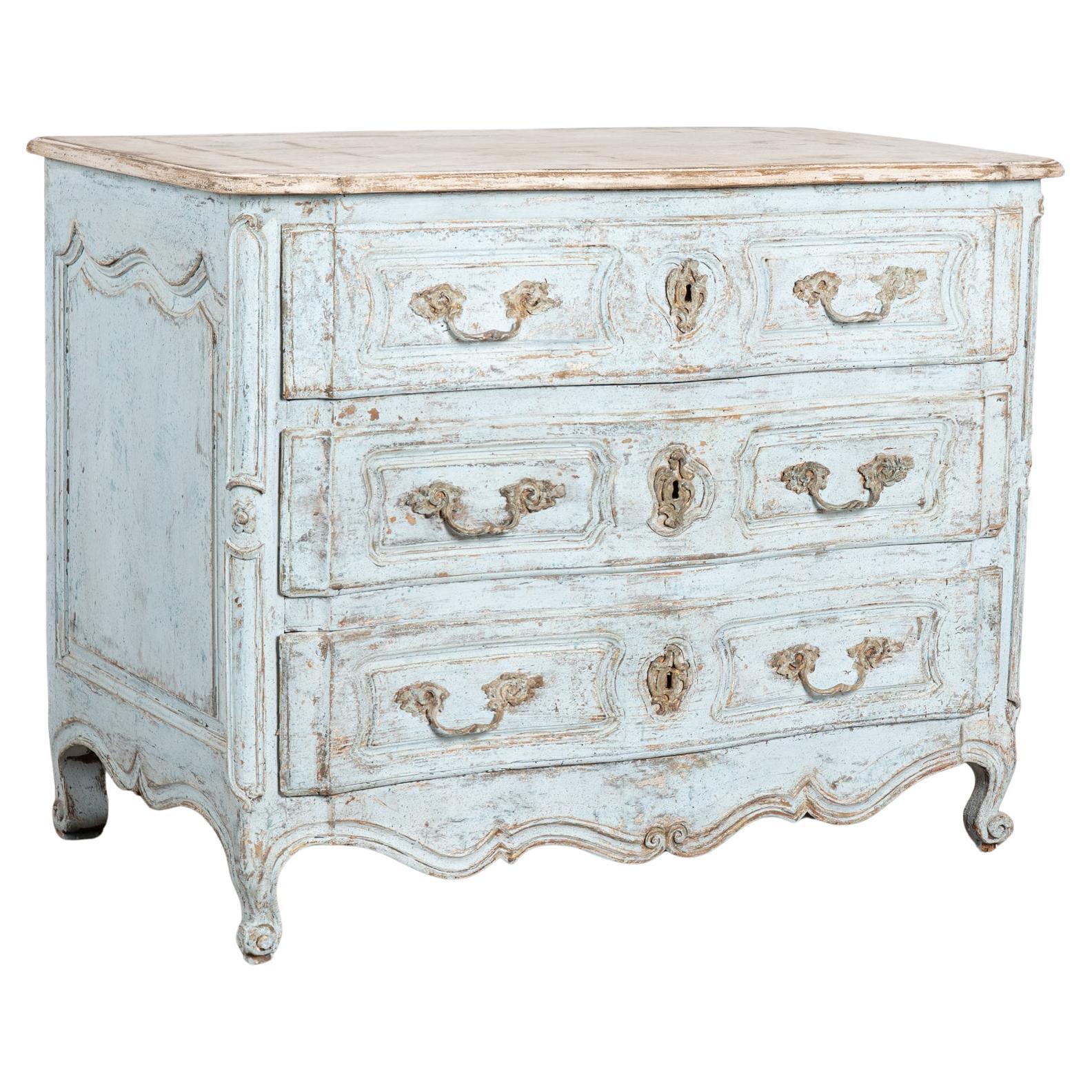 19th Century Swedish Rococo Three-Drawer Chest in Blue Painted Finish For Sale